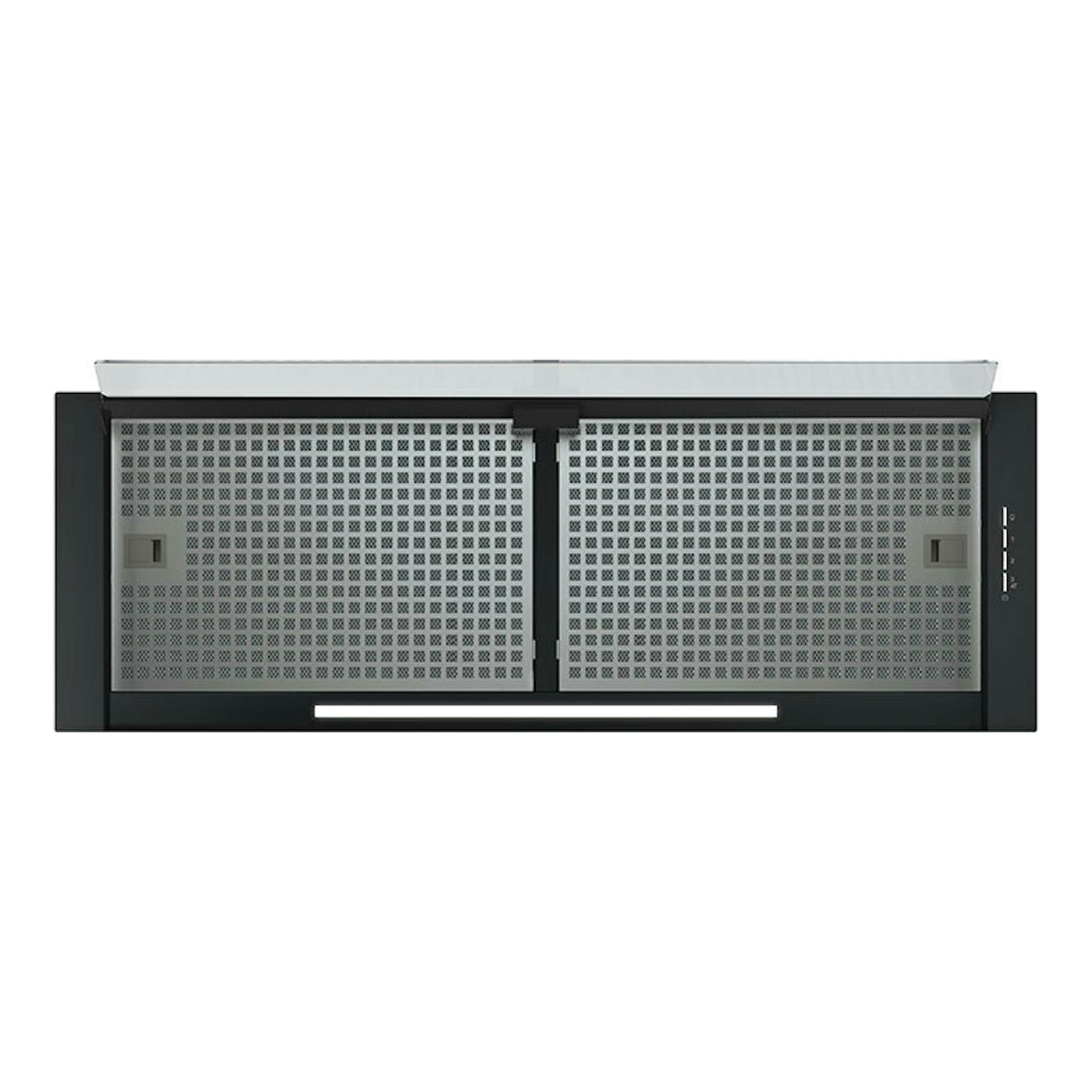 Campana integrable Cata Corona BK90 negra, vista frontal, con filtros metálicos y barra de luz inferior.