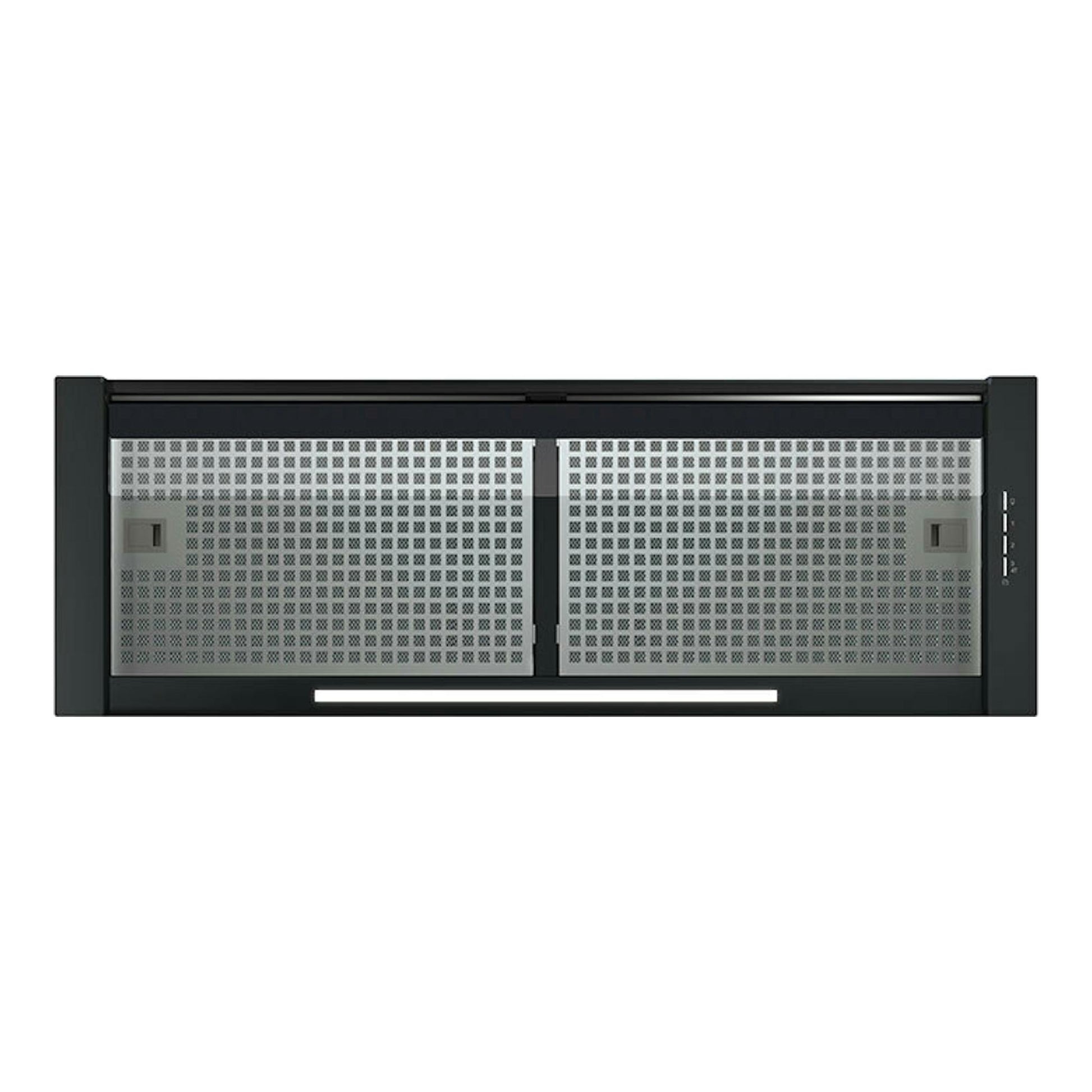 Campana integrable Cata Corona BK90 negra, vista frontal, con filtros metálicos plateados.