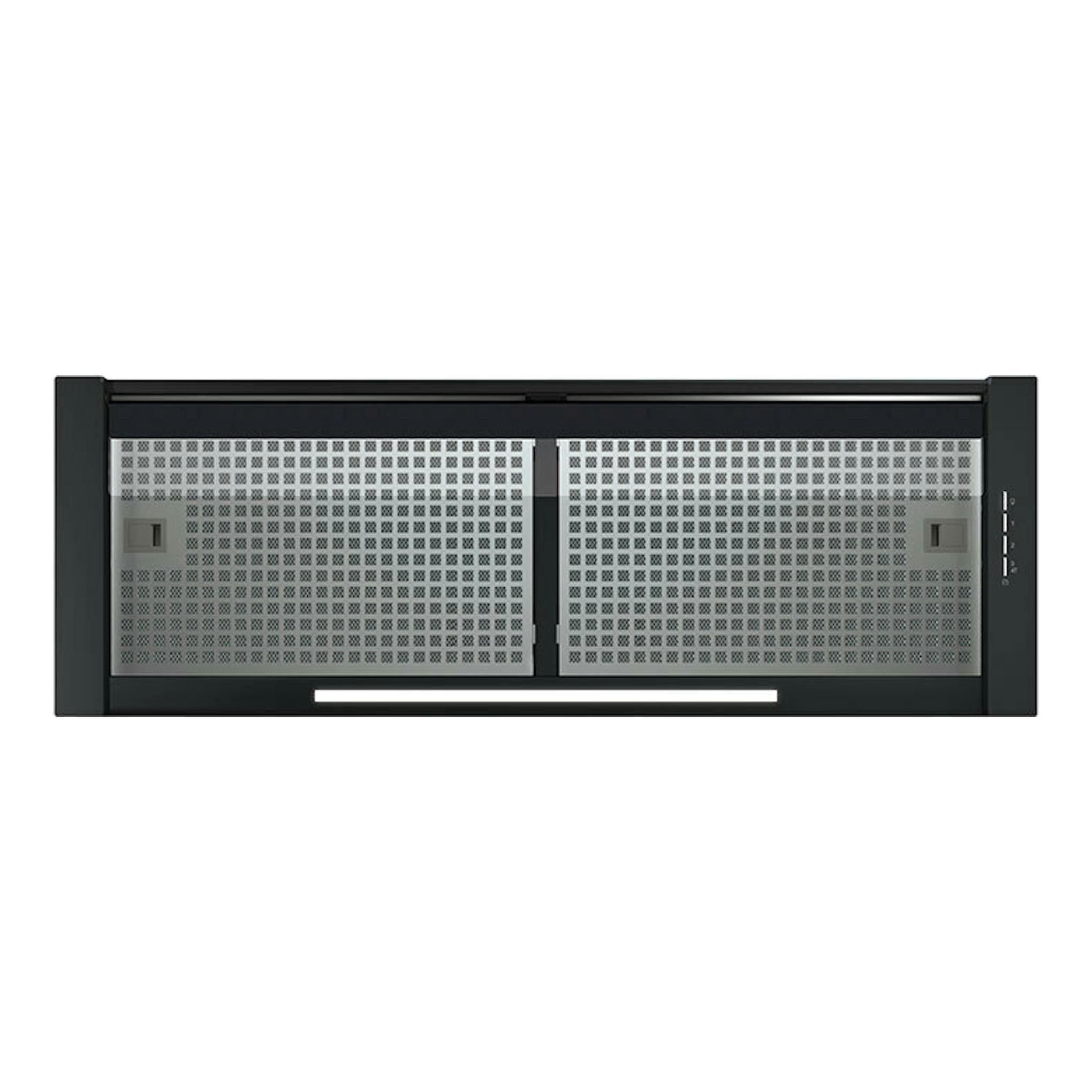 Campana integrable Cata Corona BK90 negra, vista frontal, con filtros metálicos plateados.