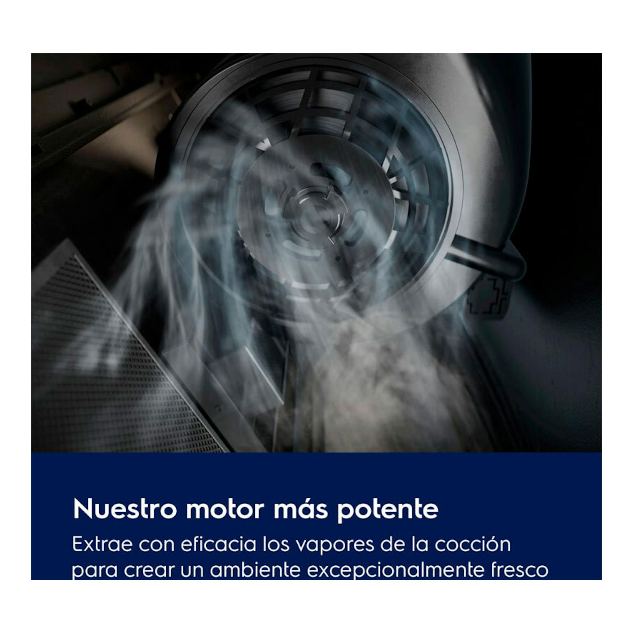 Campana integrable Electrolux LFG815K, vista interior del motor con vapor y rejilla metálica.