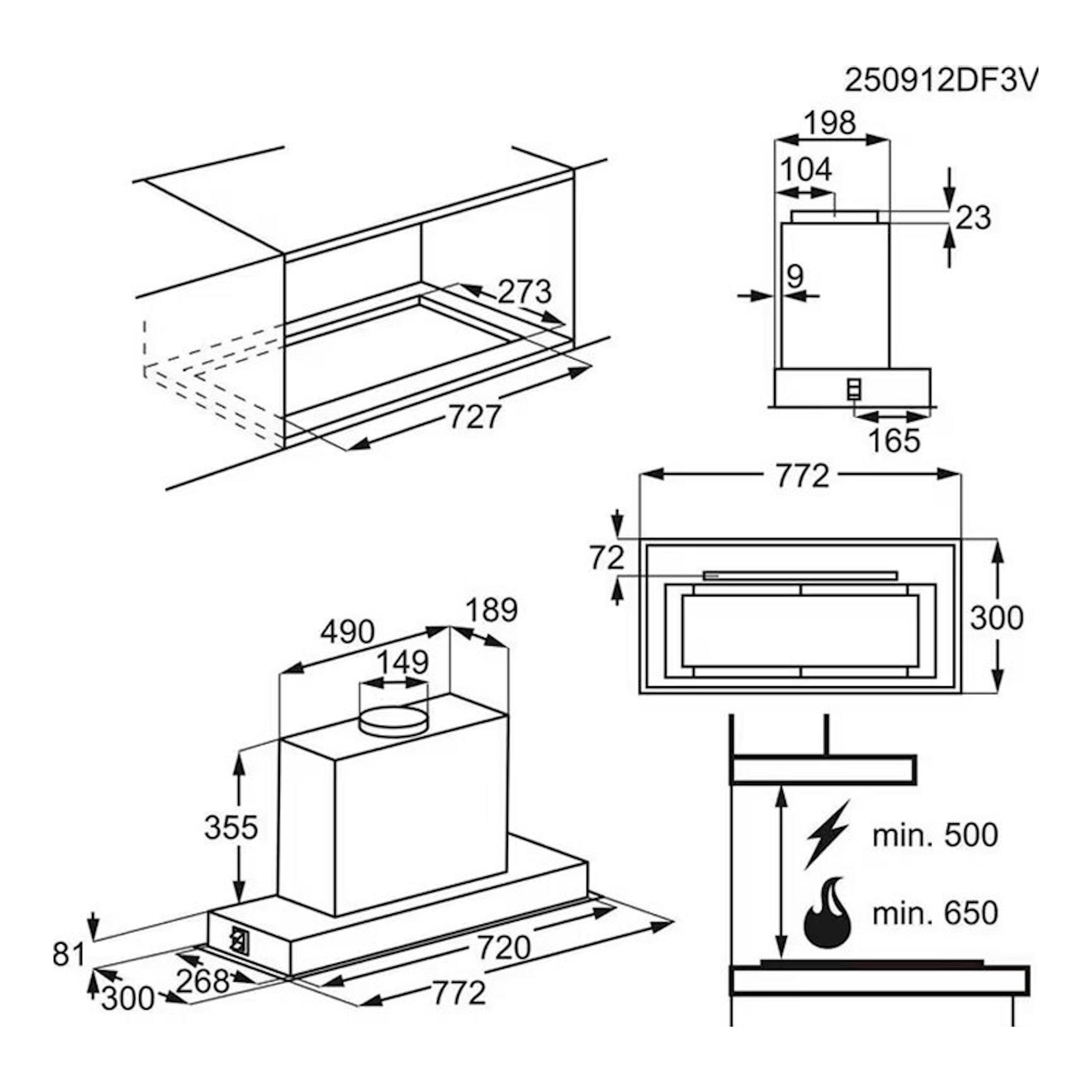 Esquema técnico de instalación de campana integrable Electrolux LFG818K, vista en blanco y negro con medidas.