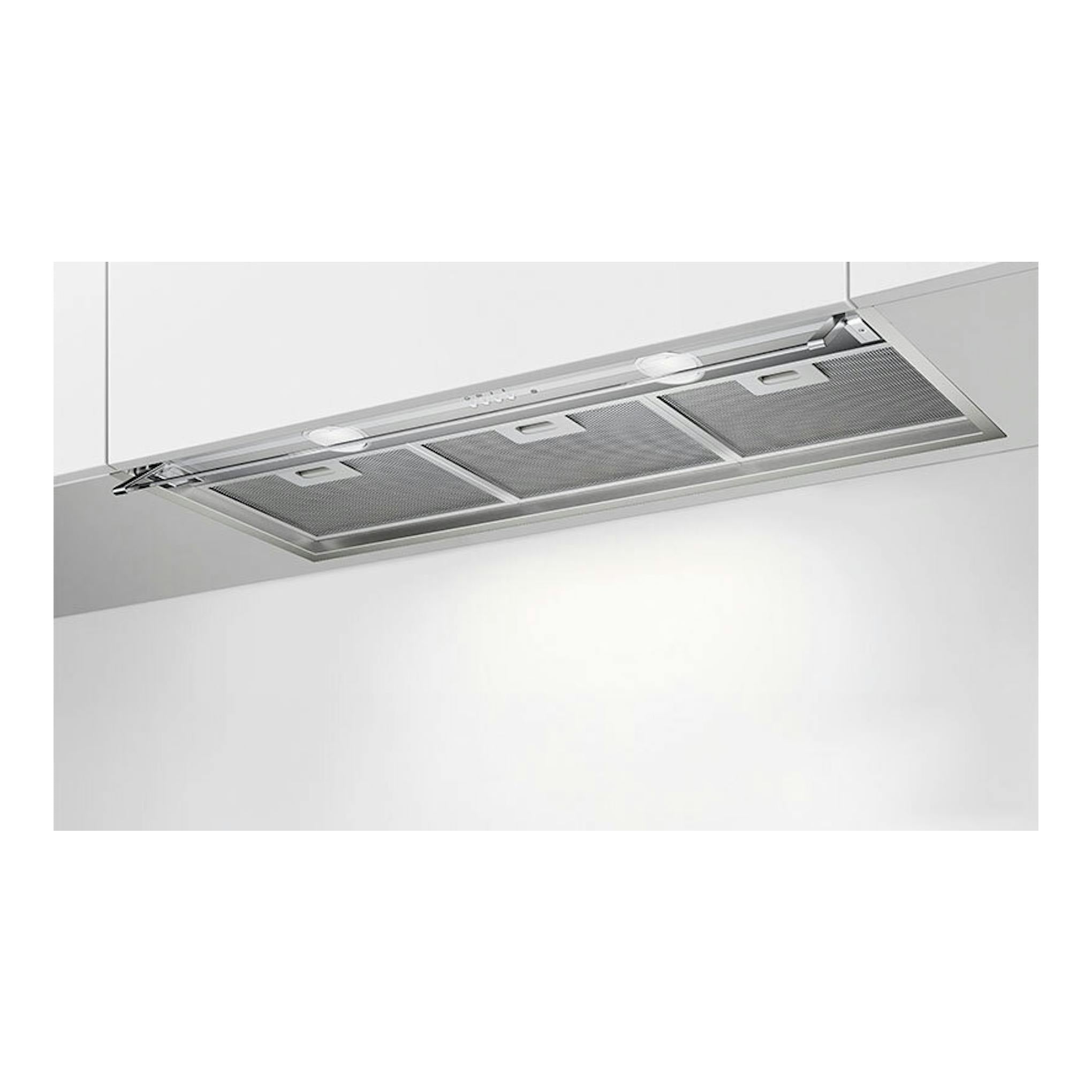 Campana integrable Electrolux LFP519X de 90 cm, vista inferior en acero inoxidable, bajo mueble.