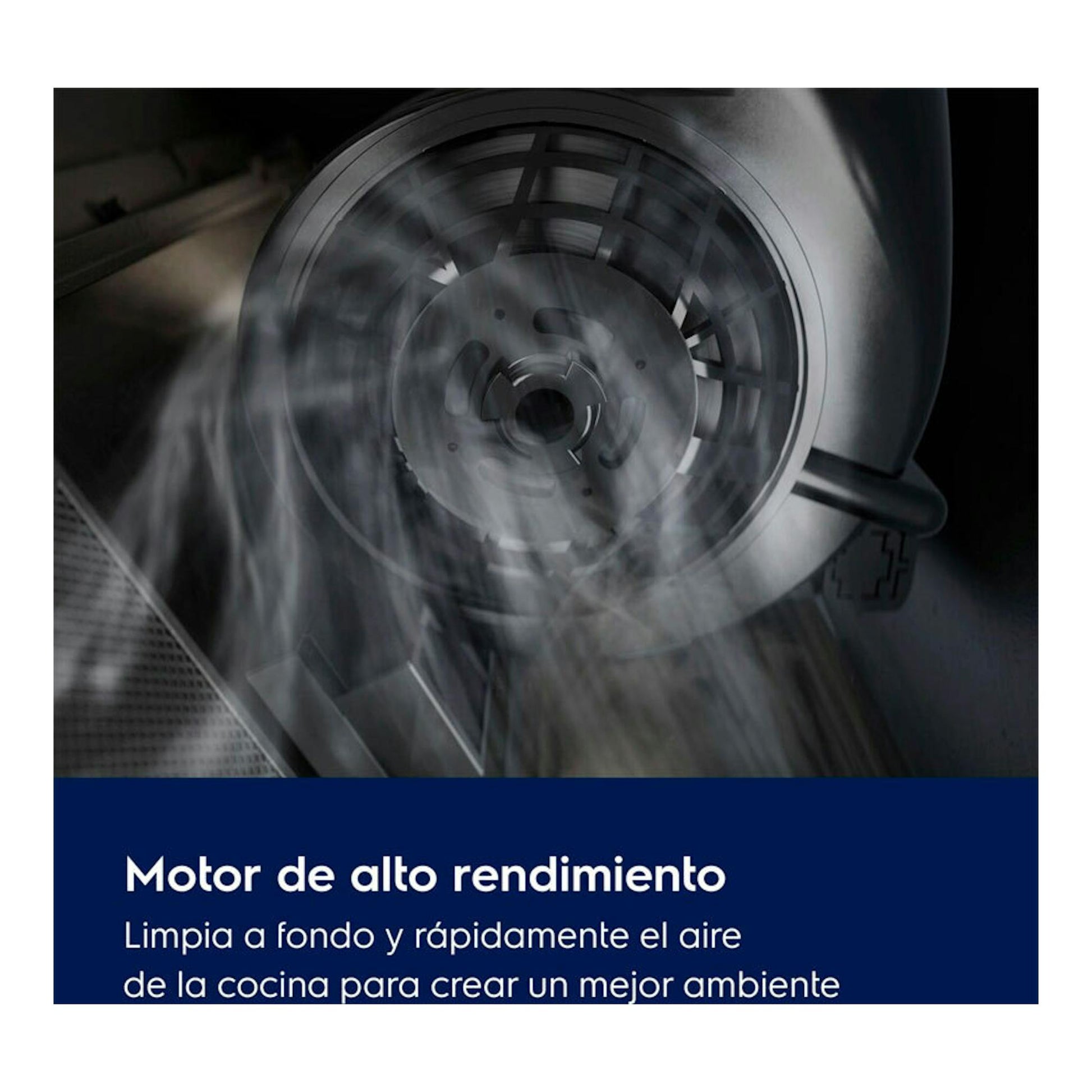 Campana integrable Electrolux LFP519X 90 cm, primer plano del motor en acero inoxidable.