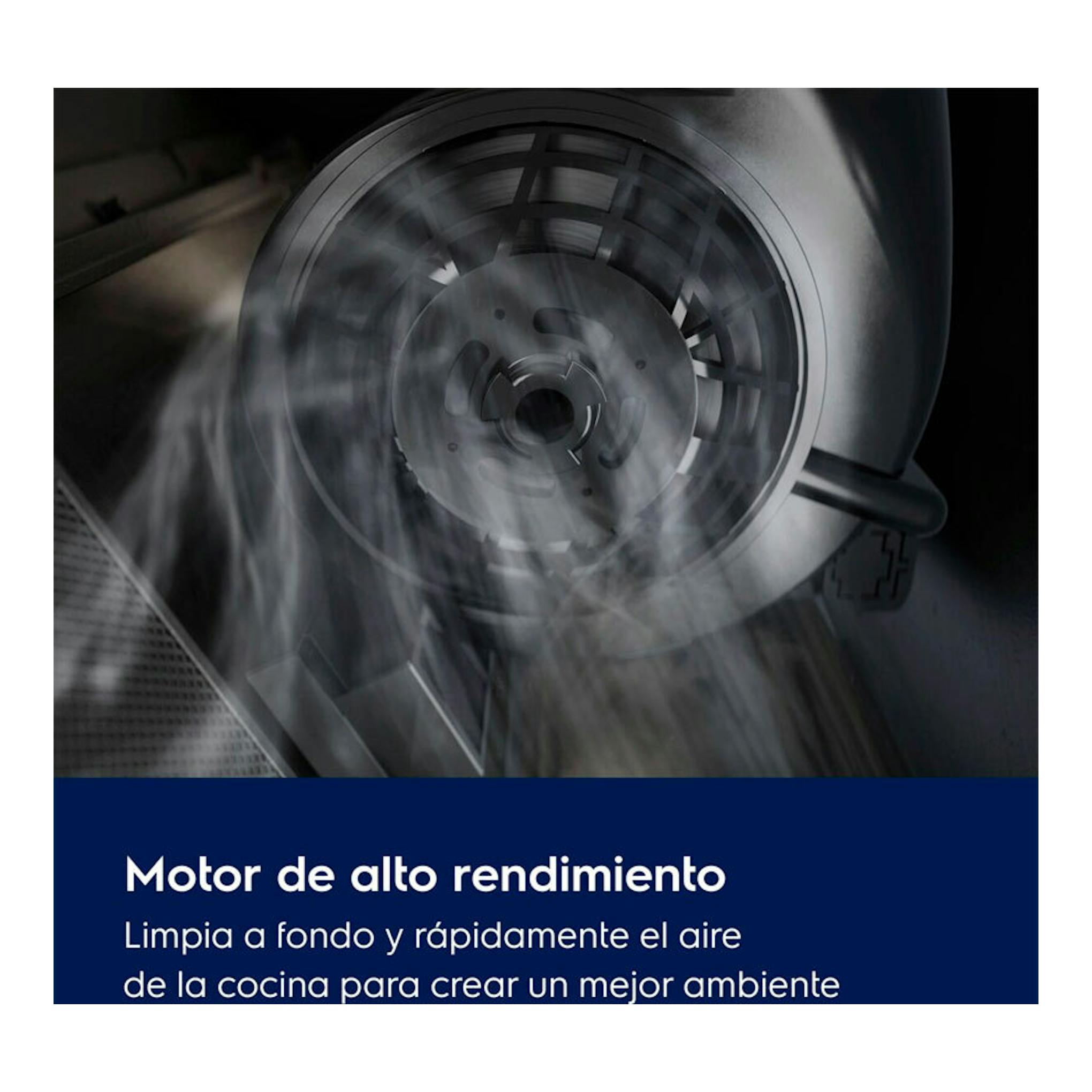 Campana integrable Electrolux LFP519X 90 cm, primer plano del motor en acero inoxidable.
