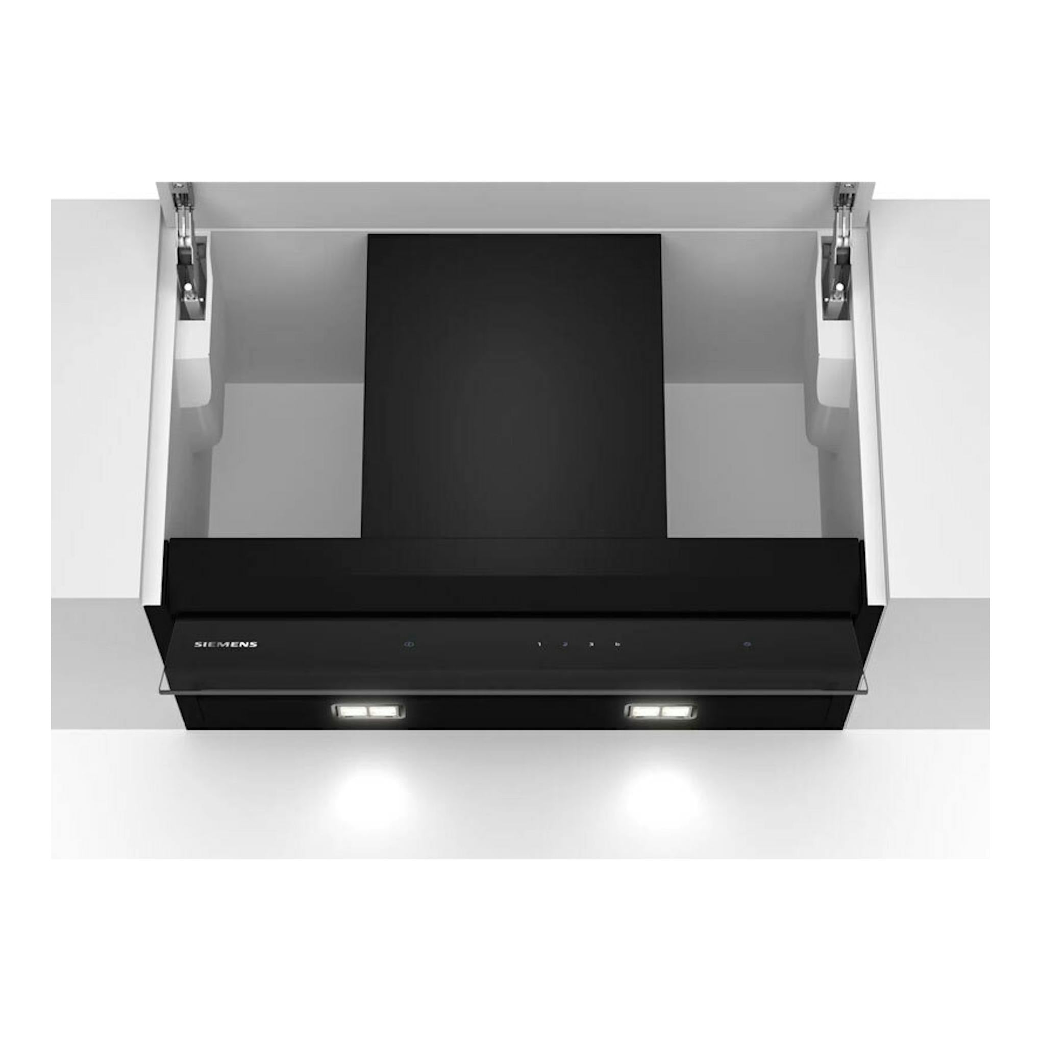Campana integrable Siemens LJ67BAM60 de 60 cm, negra, vista frontal, con luces LED encendidas.