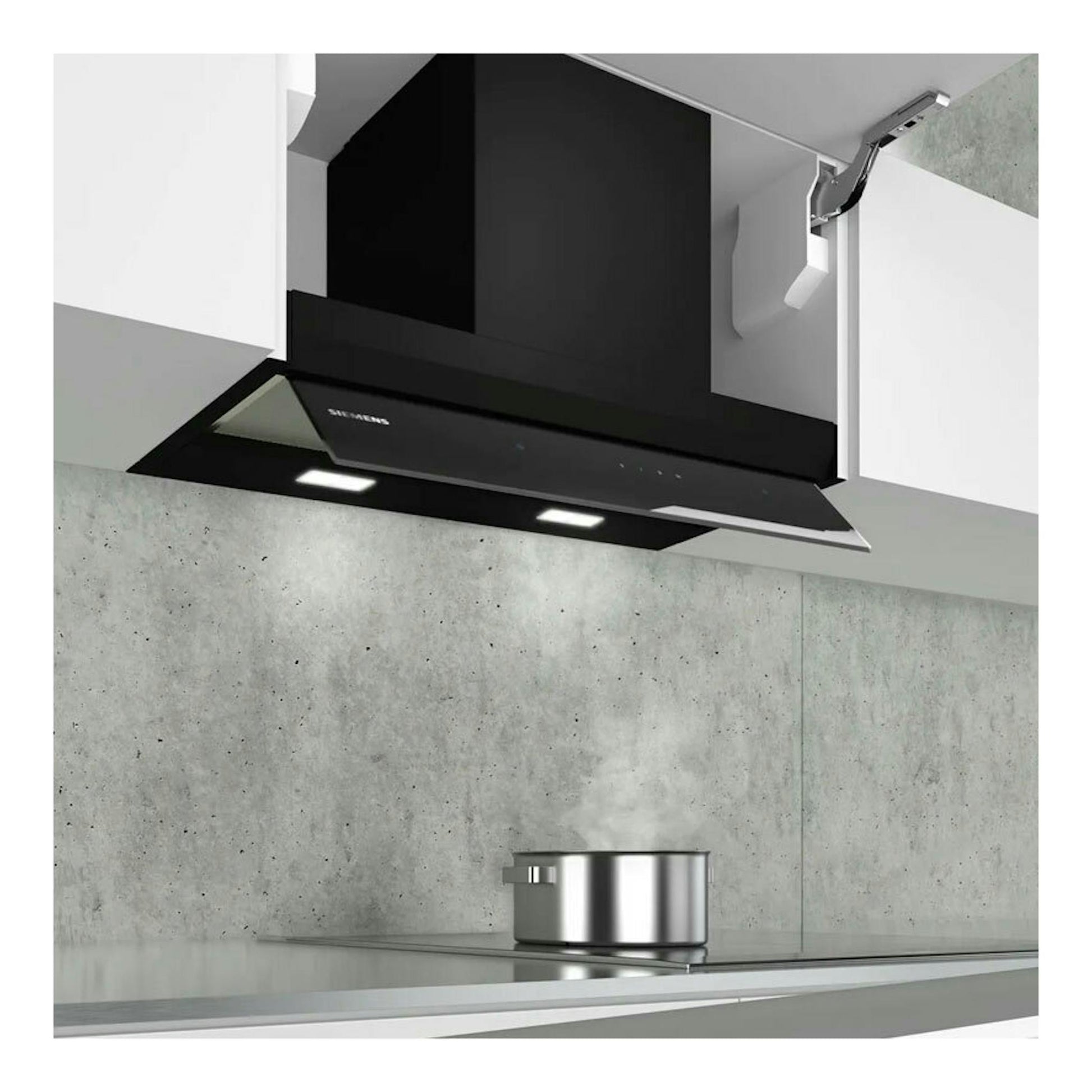 Campana integrable Siemens LJ67BAM60 negra, vista frontal bajo mueble, con luces LED encendidas.