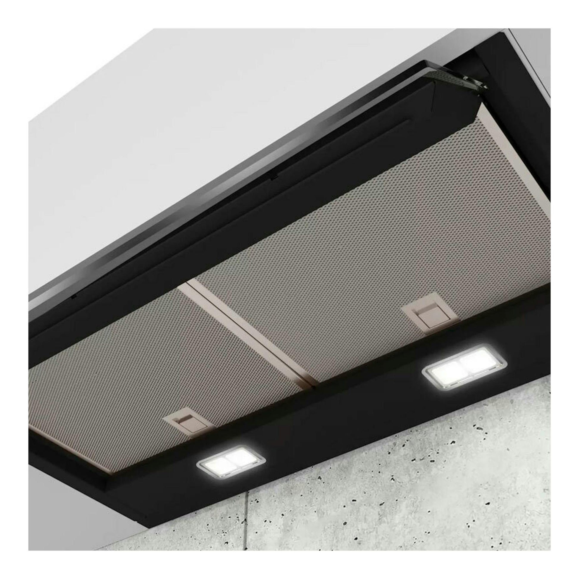 Campana integrable Siemens LJ67BAM60 negra, vista inferior en ángulo, con dos luces LED encendidas.