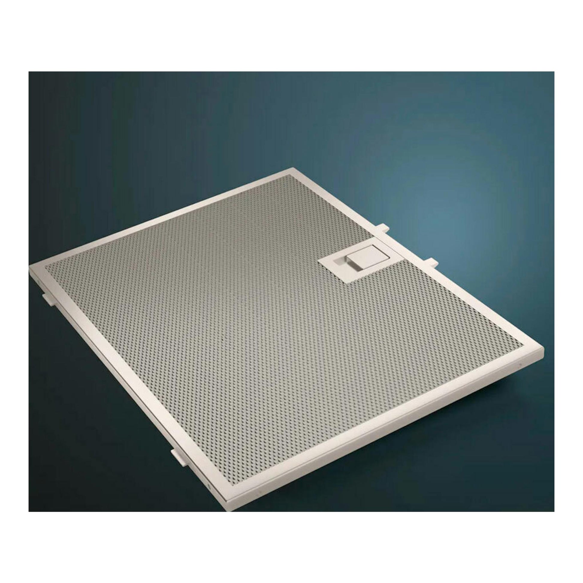 Campana integrable Siemens LJ67BAM60, vista en diagonal, panel blanco con rejilla metálica gris.