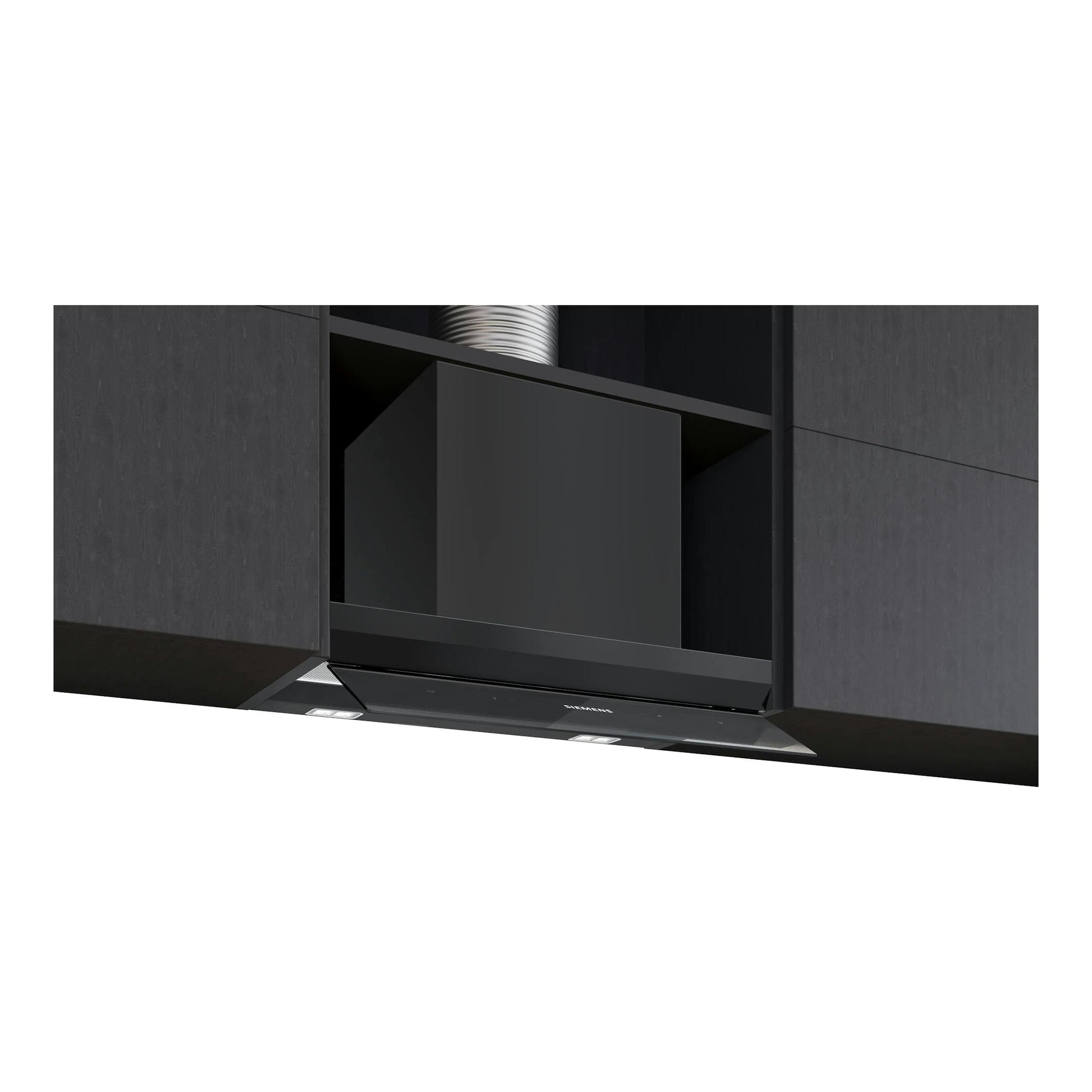 Campana integrable Siemens LJ67BDP60 de cristal negro, vista frontal inferior, empotrada entre armarios.