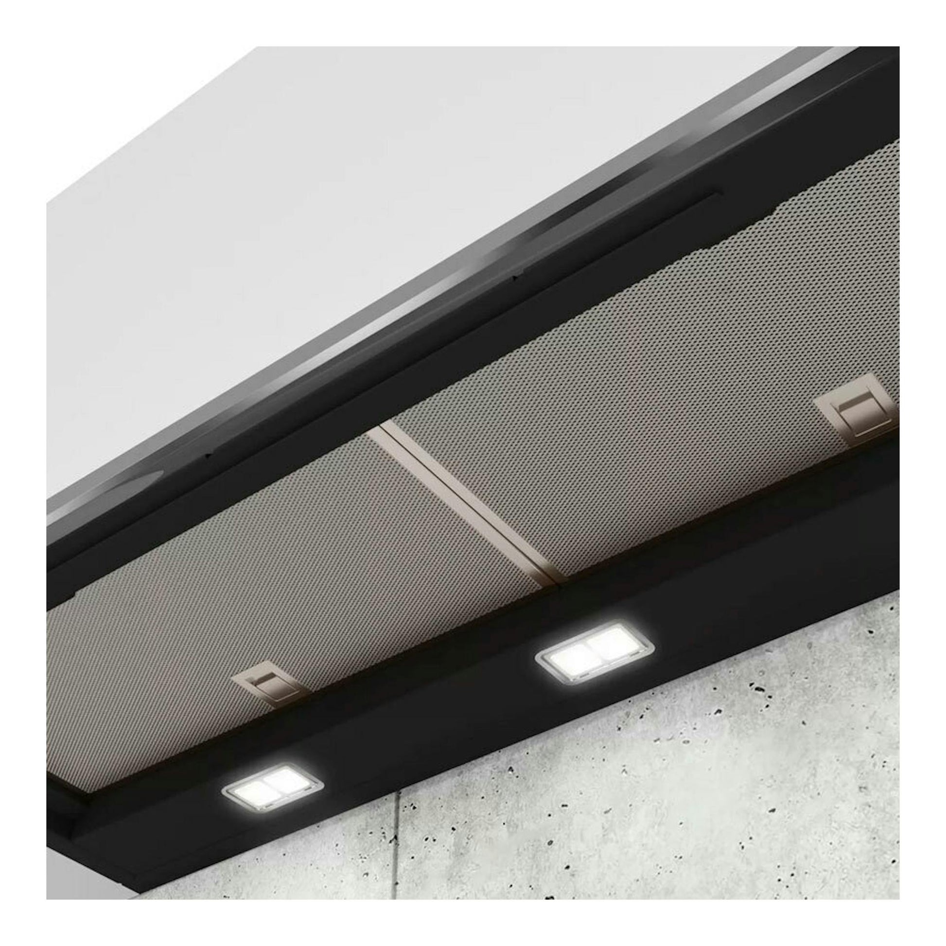 Campana integrable Siemens LJ97BAM60 negra, vista inferior en ángulo, con filtros metálicos y luces LED.