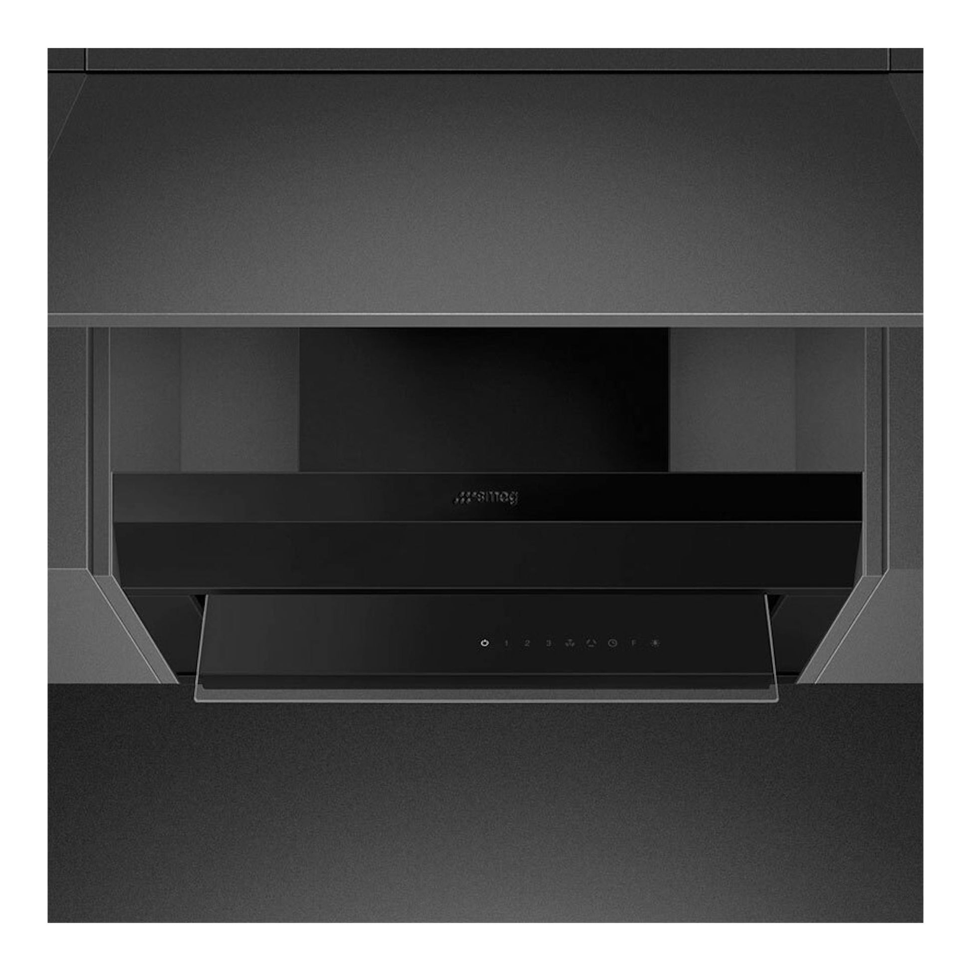 Campana integrable Smeg KSGT64BLV negra, vista frontal, con panel de vidrio abatible y controles táctiles.