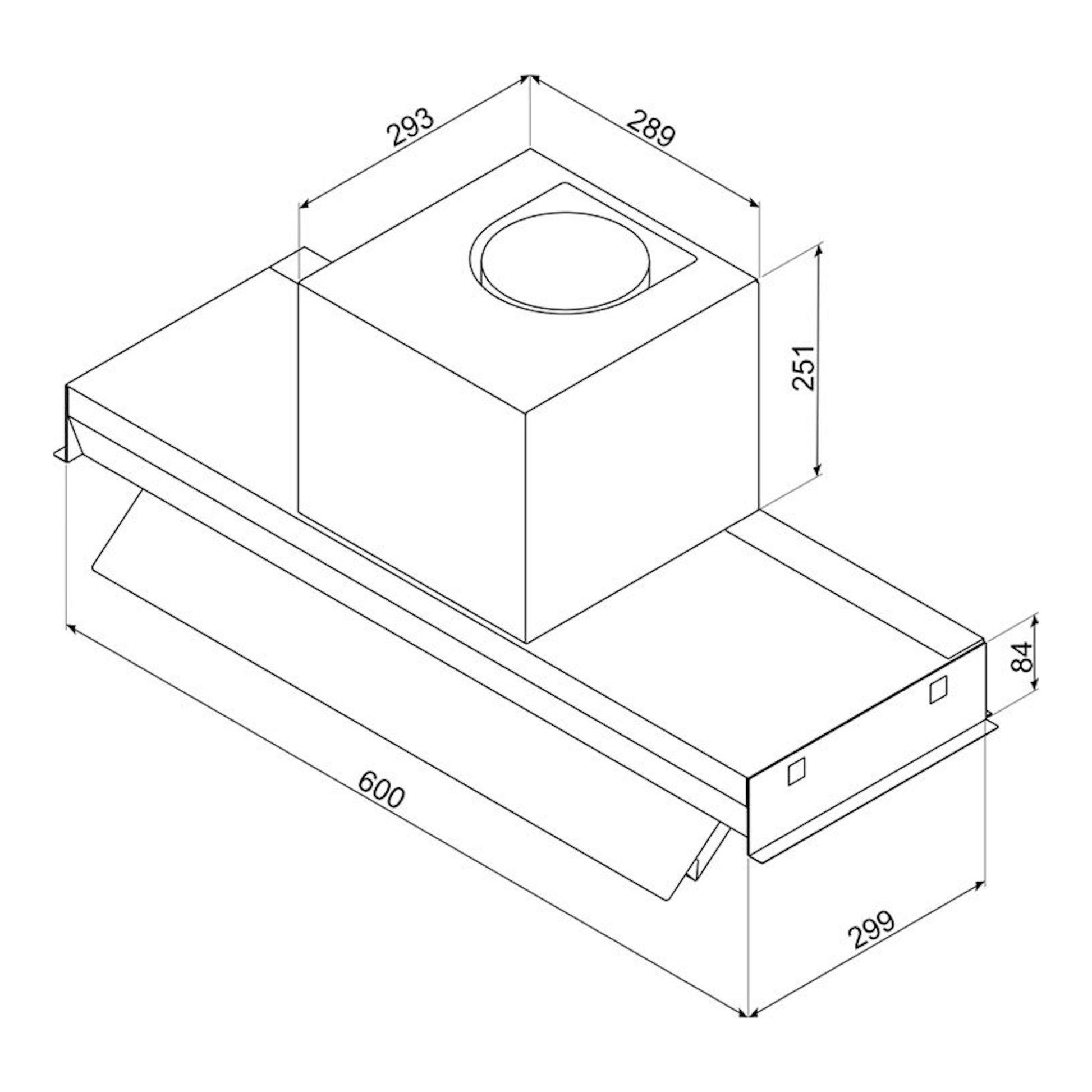 Smeg KSGT64XV, campana integrable de acero inox, dibujo técnico en vista isométrica con medidas de 60 cm.