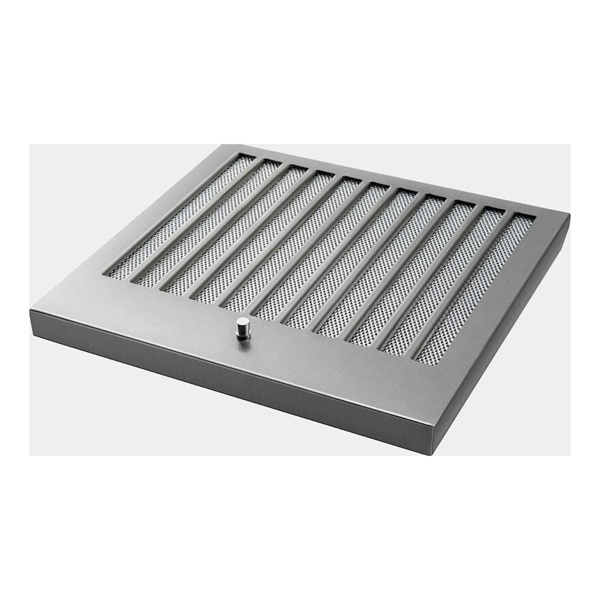 Campana integrable Smeg KSGT94BLV inox, vista frontal en ángulo, con rejilla metálica.