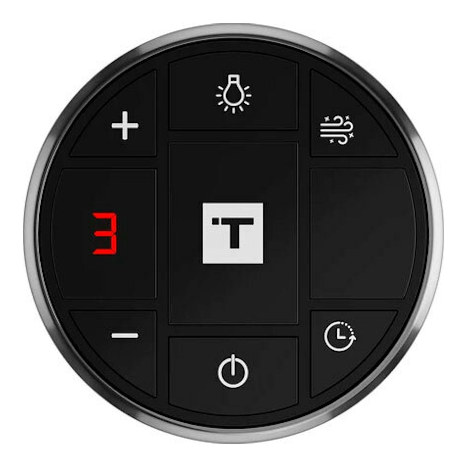 Vista frontal de panel circular negro de campana Teka DHT96340, con borde inox, botones táctiles y cifra 3 en rojo.