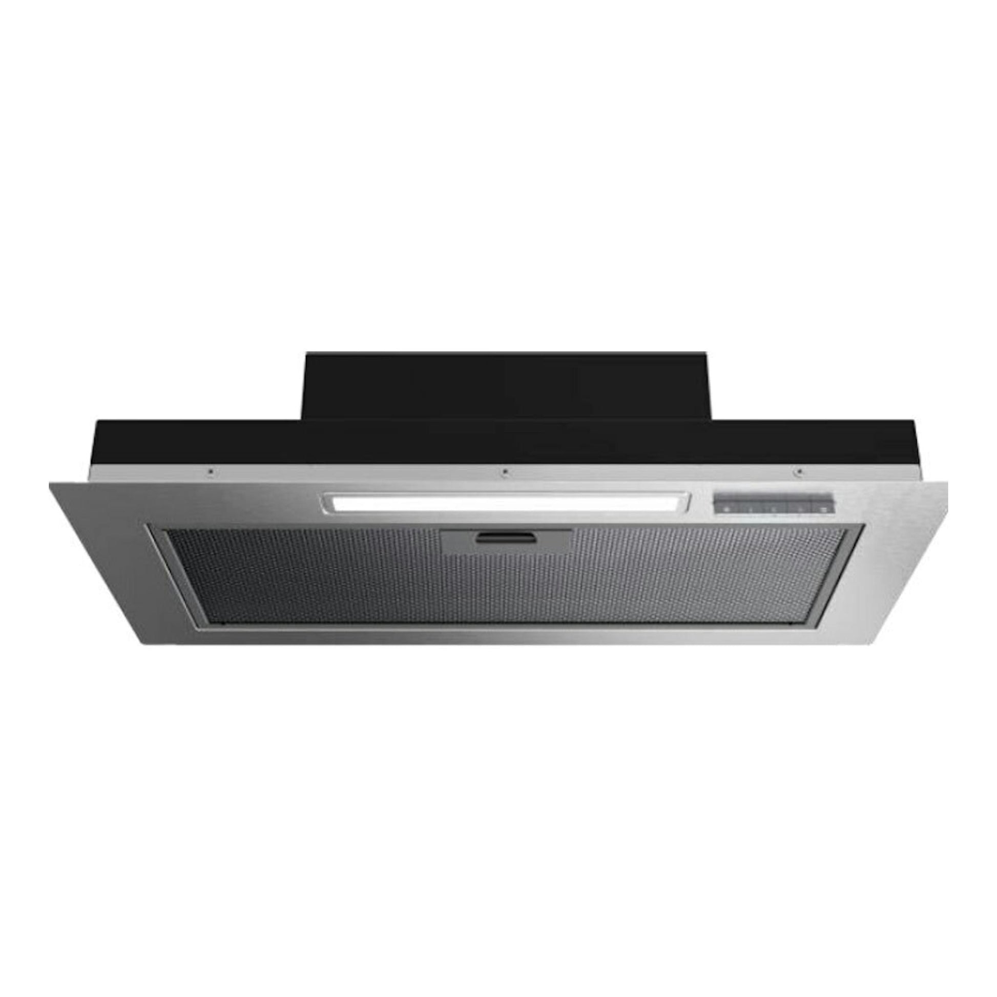 Campana integrable Teka GFI63030KOS en inox y negro, vista frontal inferior.