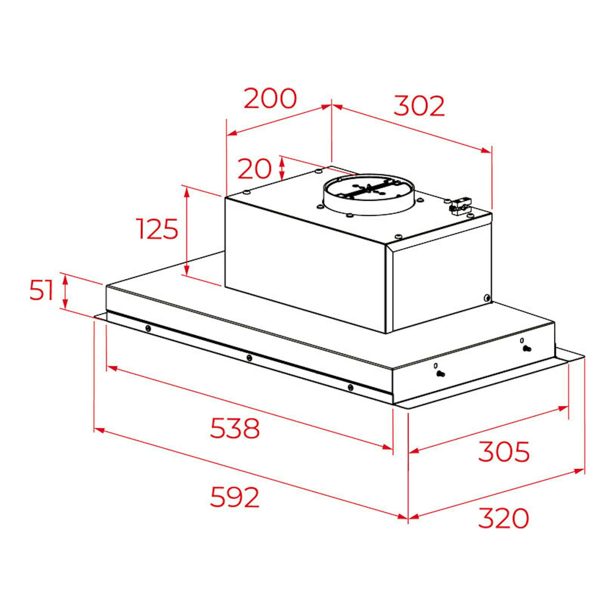 Dibujo técnico de campana integrable Teka GFI63030KOS inox, vista isométrica, con medidas en rojo.