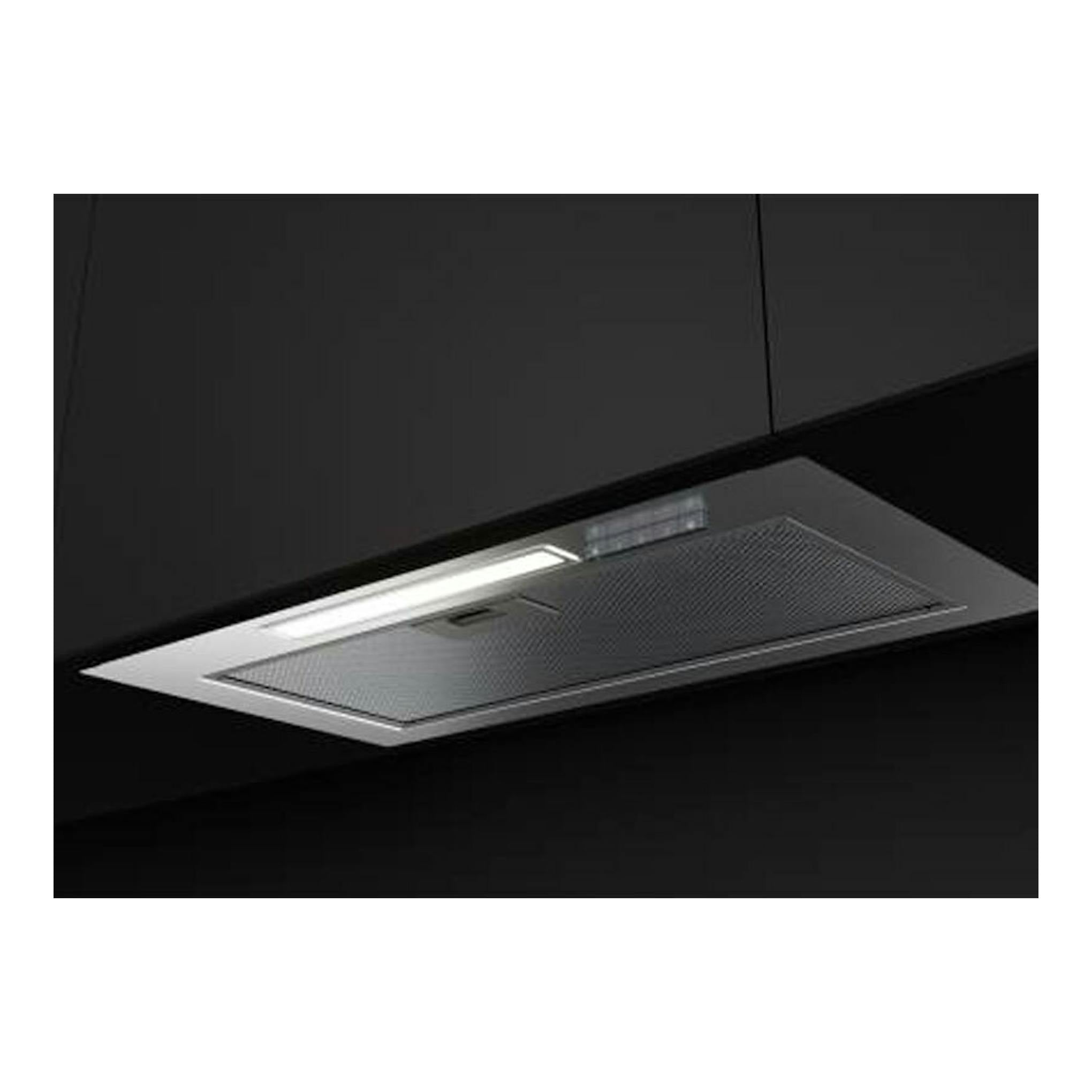 Campana integrable Teka GFI63030KOS inox de 60 cm, vista inferior bajo mueble, con rejilla y luz.
