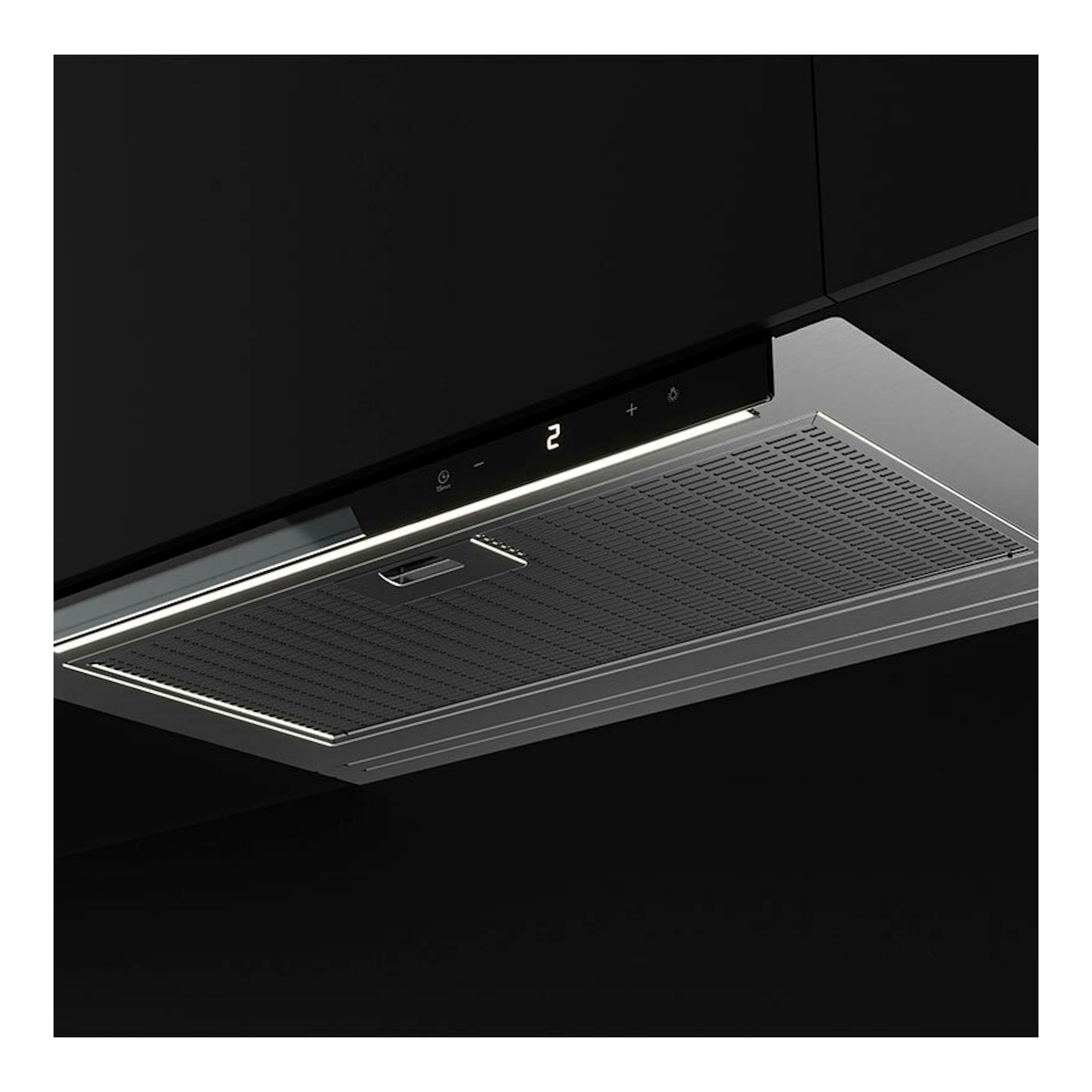 Campana integrable Teka GFI67350EOS en inox, vista inferior en ángulo, con panel negro y luz LED.