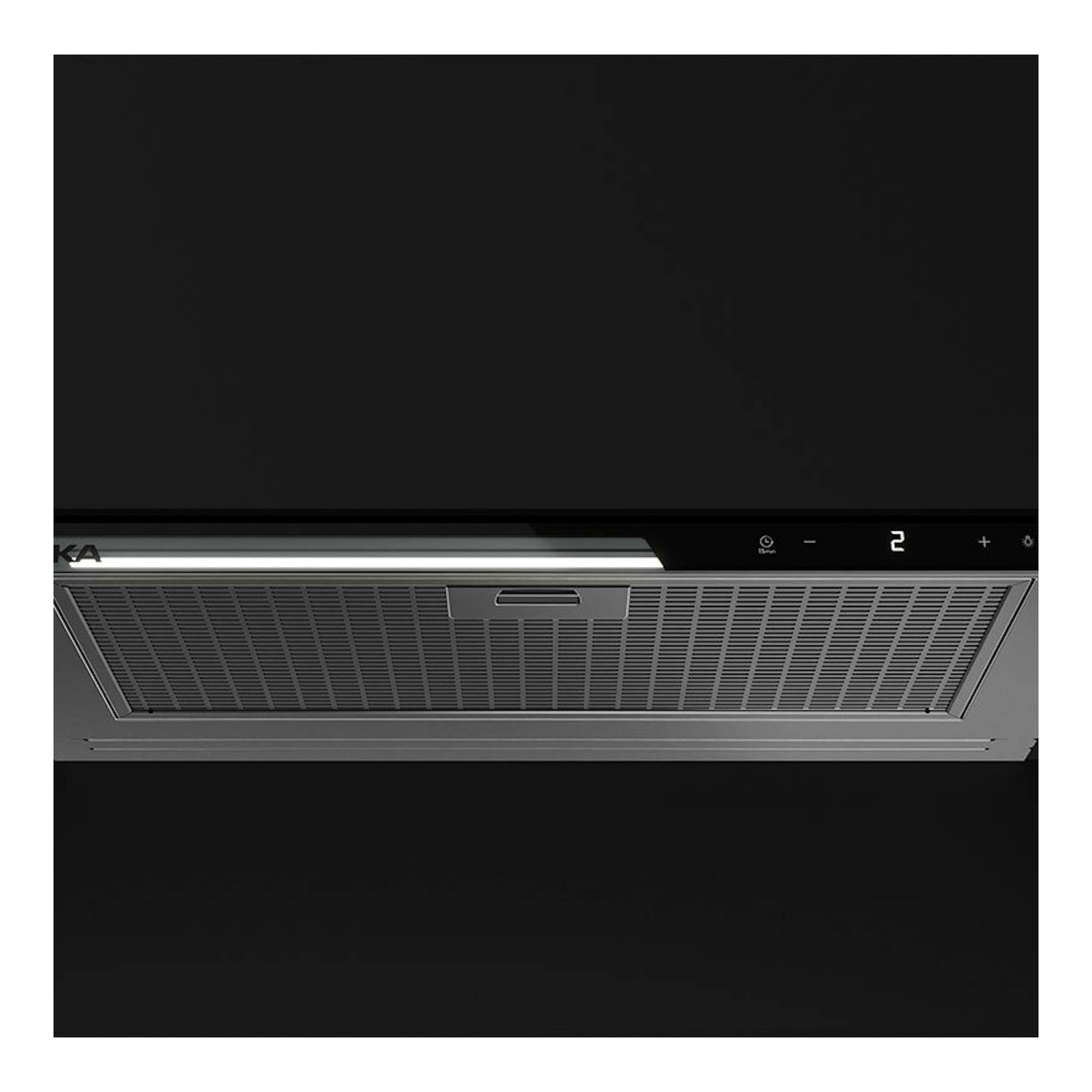 Campana integrable Teka GFI67350EOS inox, vista inferior frontal, con panel táctil y filtro metálico.