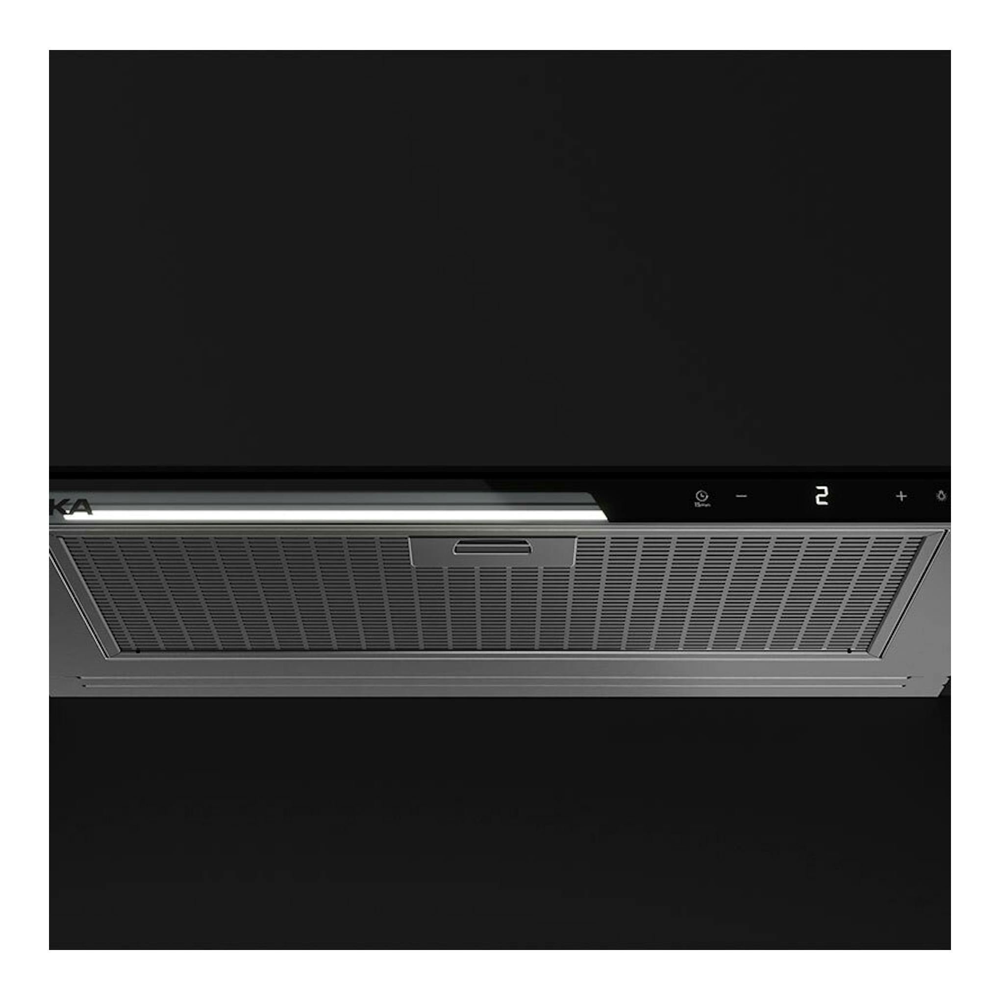 Campana integrable Teka GFI67350EOS inox, vista inferior frontal, con panel táctil y filtro metálico.