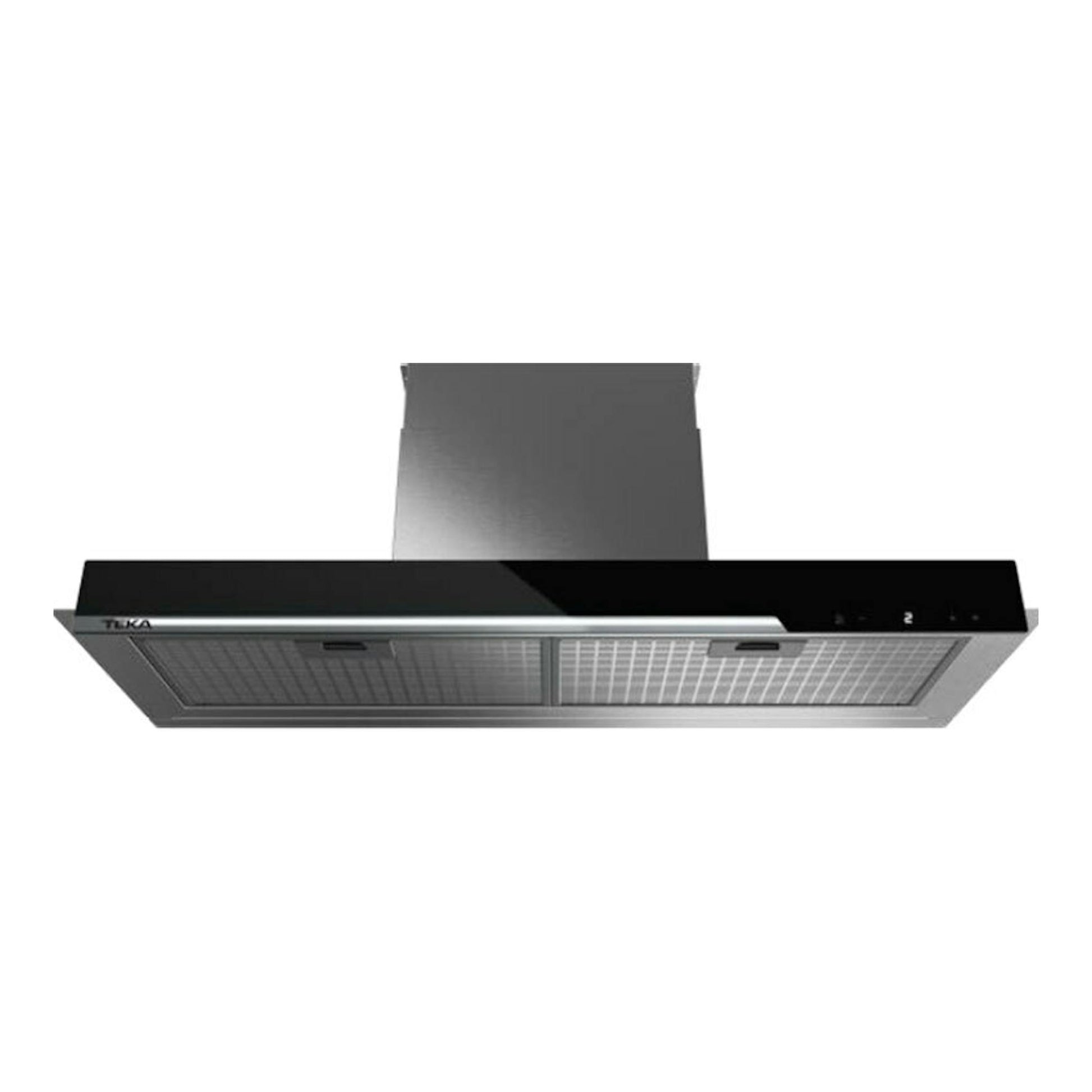 Campana integrable Teka GFI97350EOS inox, vista frontal, con panel negro y filtros metálicos.