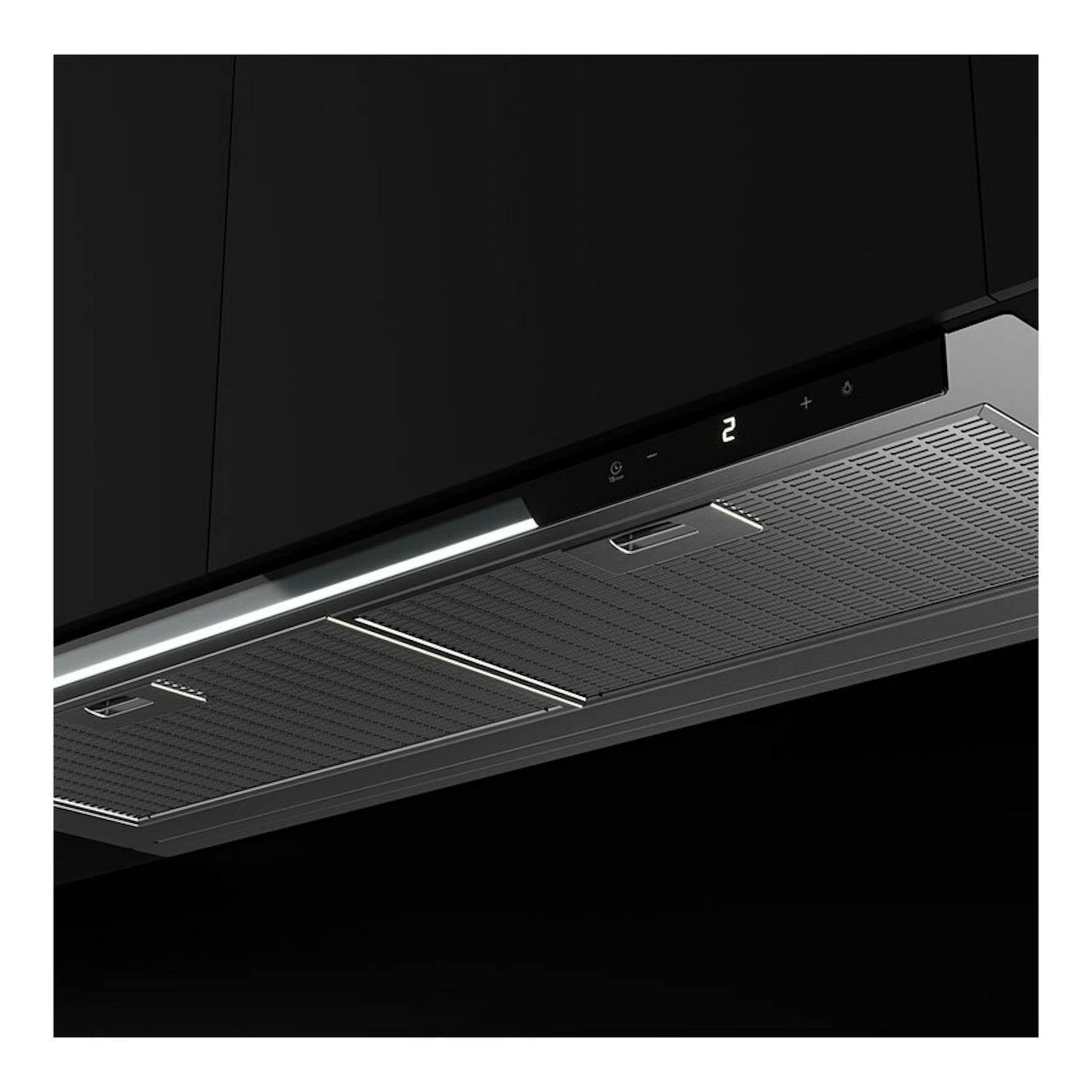 Campana integrable Teka GFI97350EOS en inox, vista inferior en ángulo con panel negro y mandos táctiles.