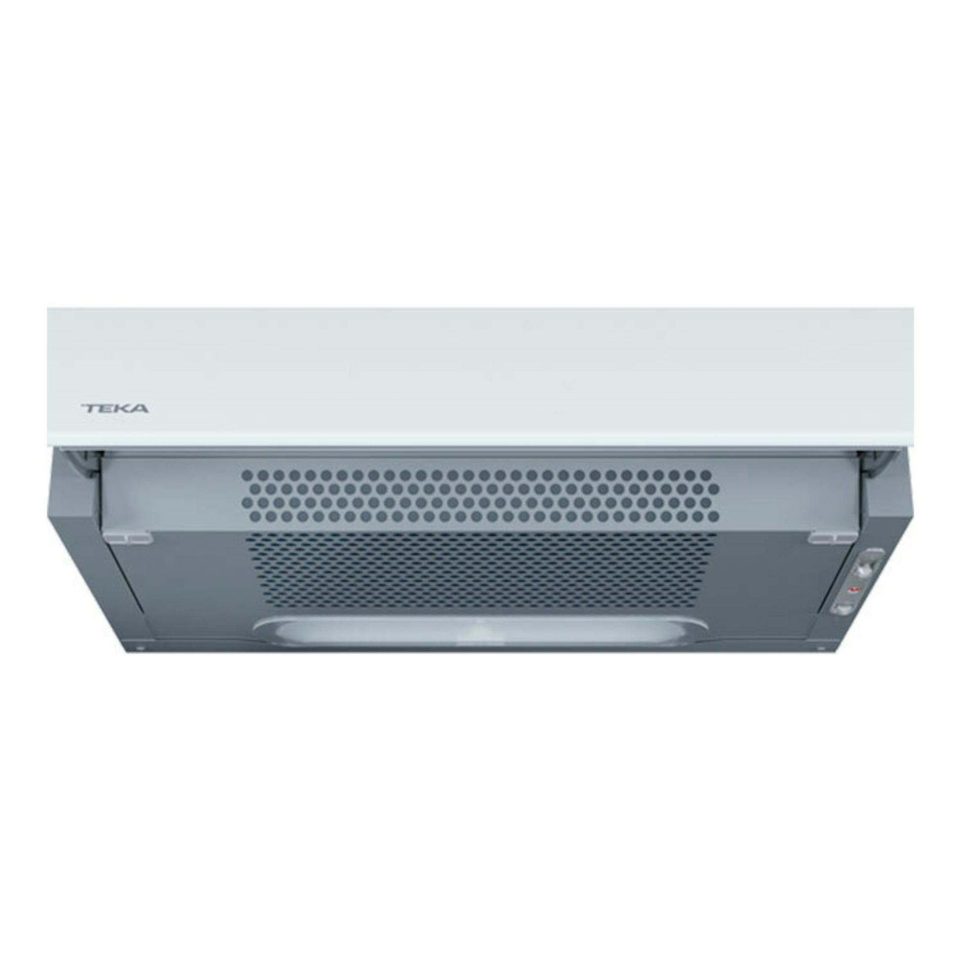 Campana integrable Teka XT262030SOS blanca, vista frontal inferior, con rejillas metálicas.
