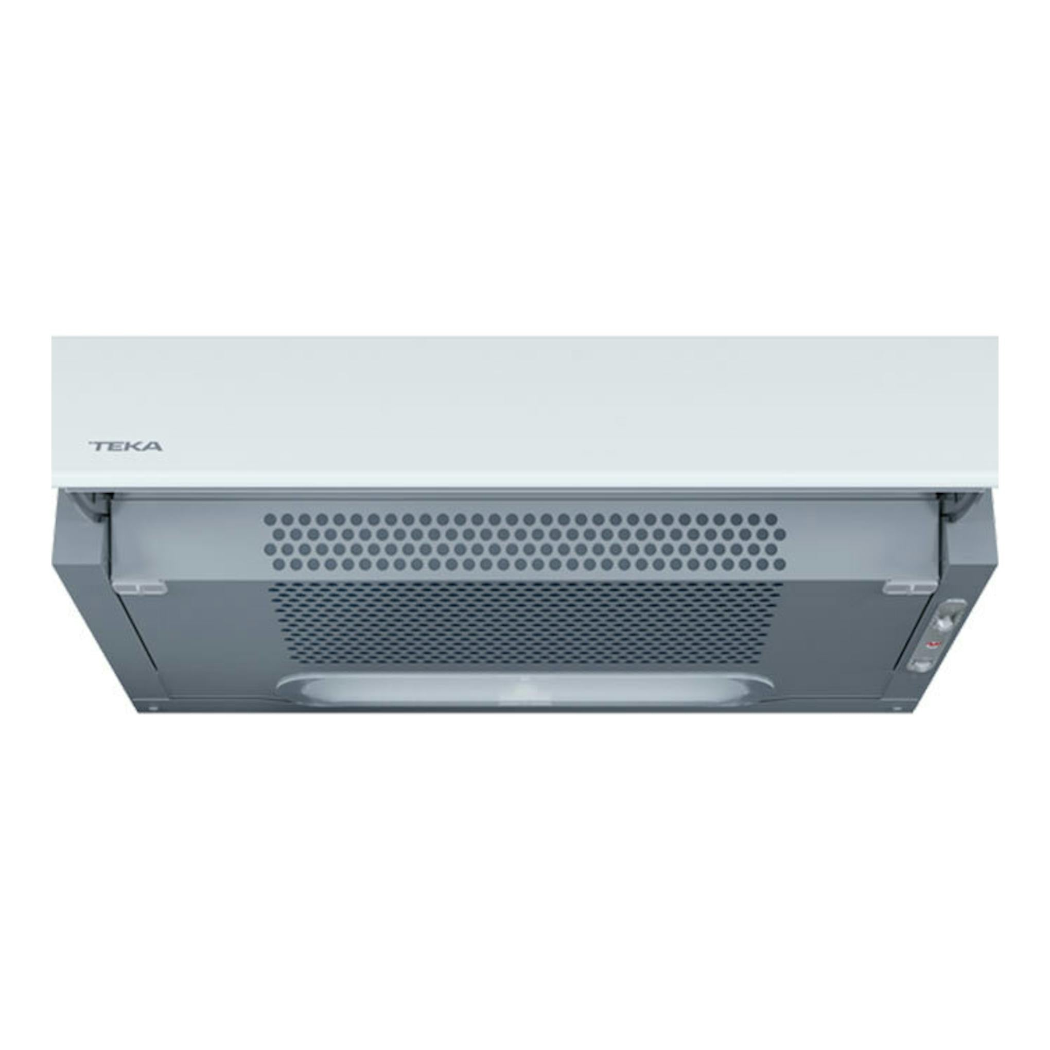 Campana integrable Teka XT262030SOS blanca, vista frontal inferior, con rejillas metálicas.