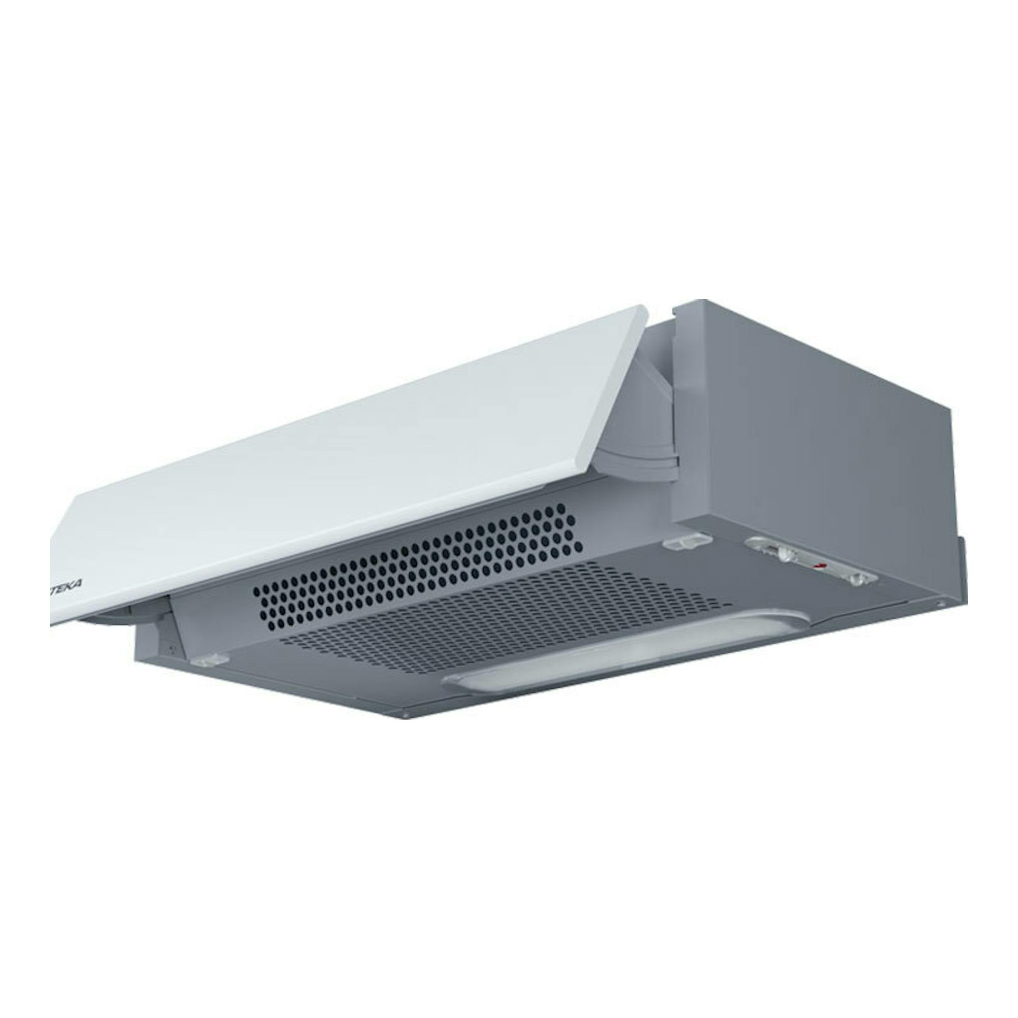 Campana integrable Teka XT262030SOS blanca, vista inferior y lateral en blanco y gris.