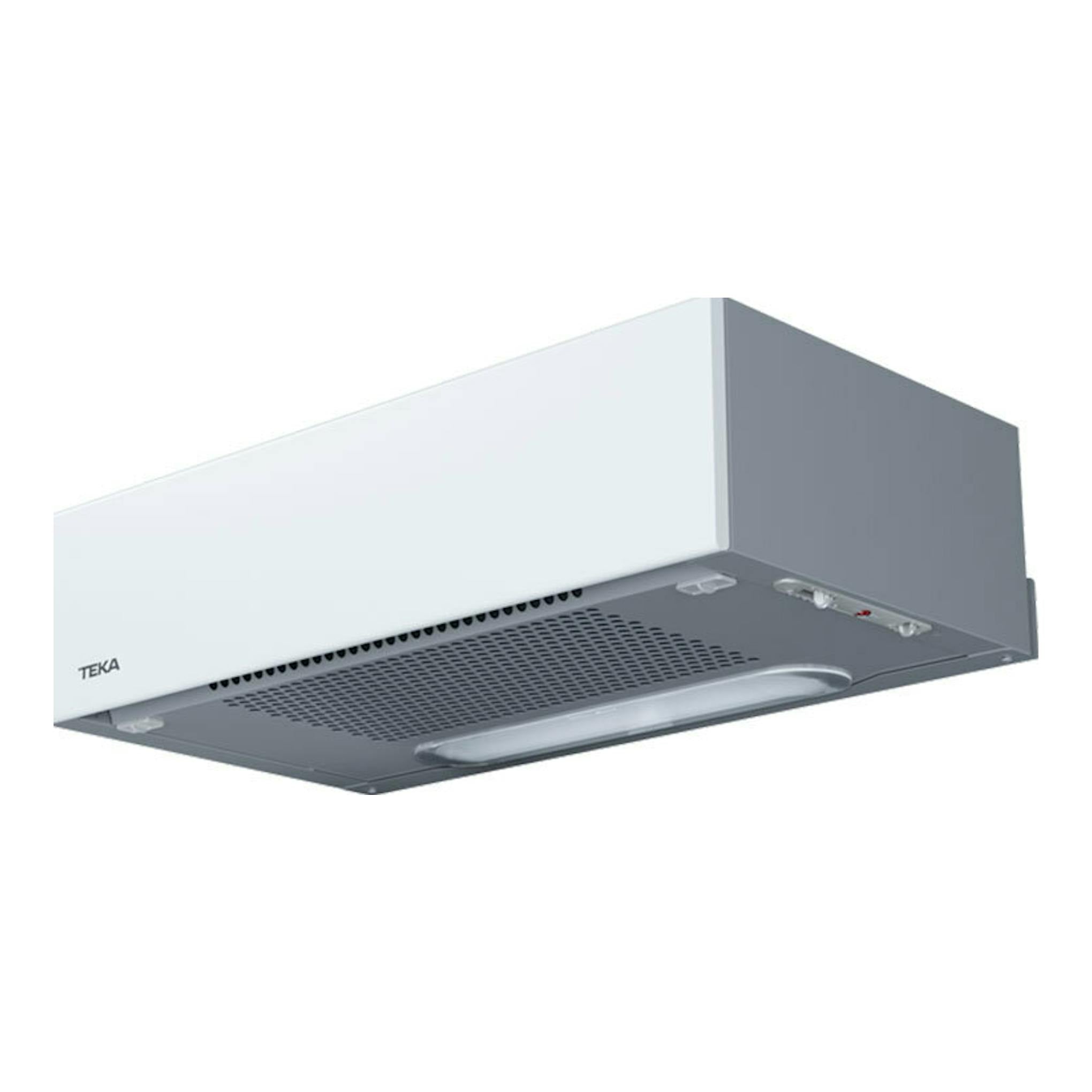Campana integrable Teka XT262030SOS blanca, vista inferior en ángulo, con rejilla y luz.