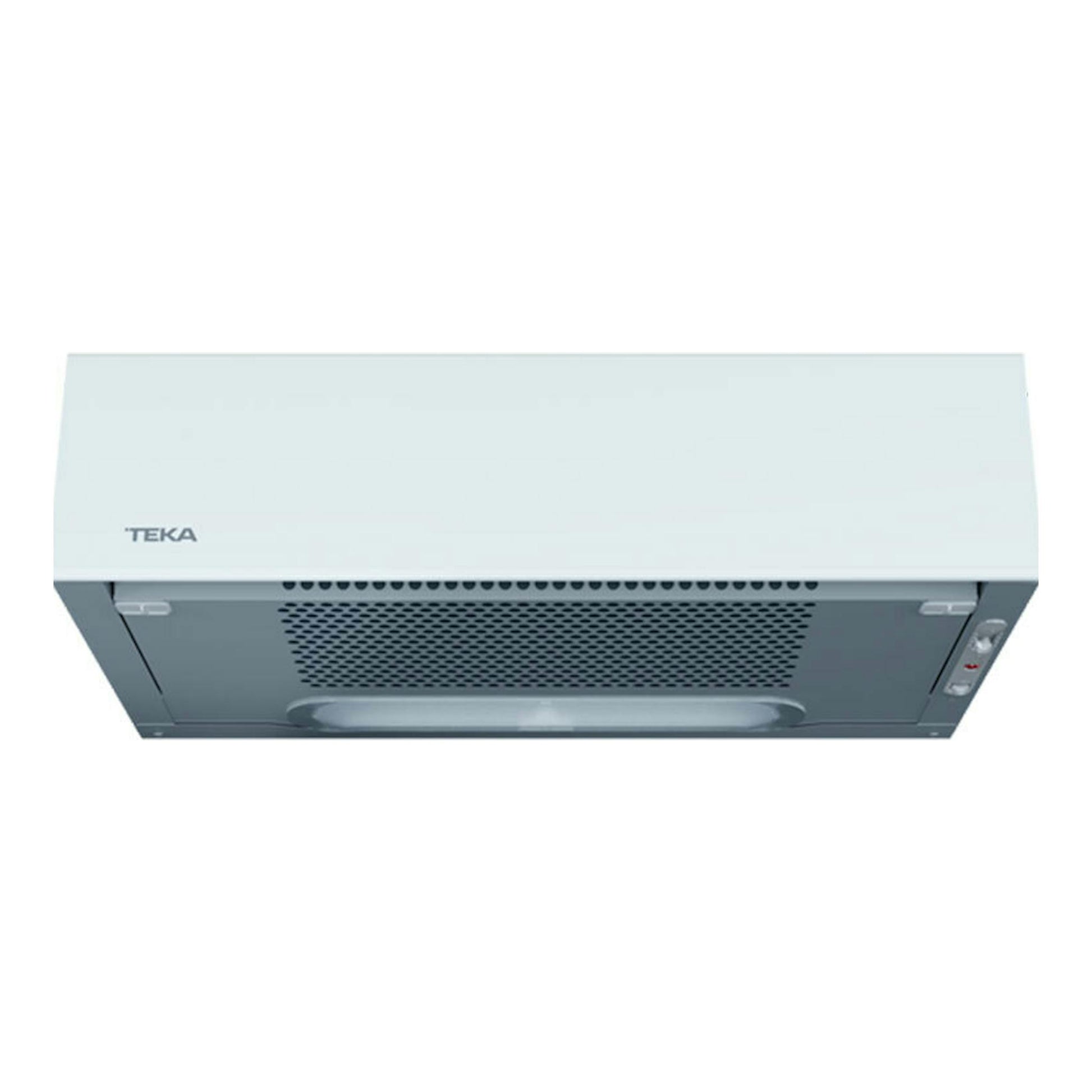 Campana integrable Teka XT262030SOS blanca, vista frontal inferior, con rejilla metálica gris.