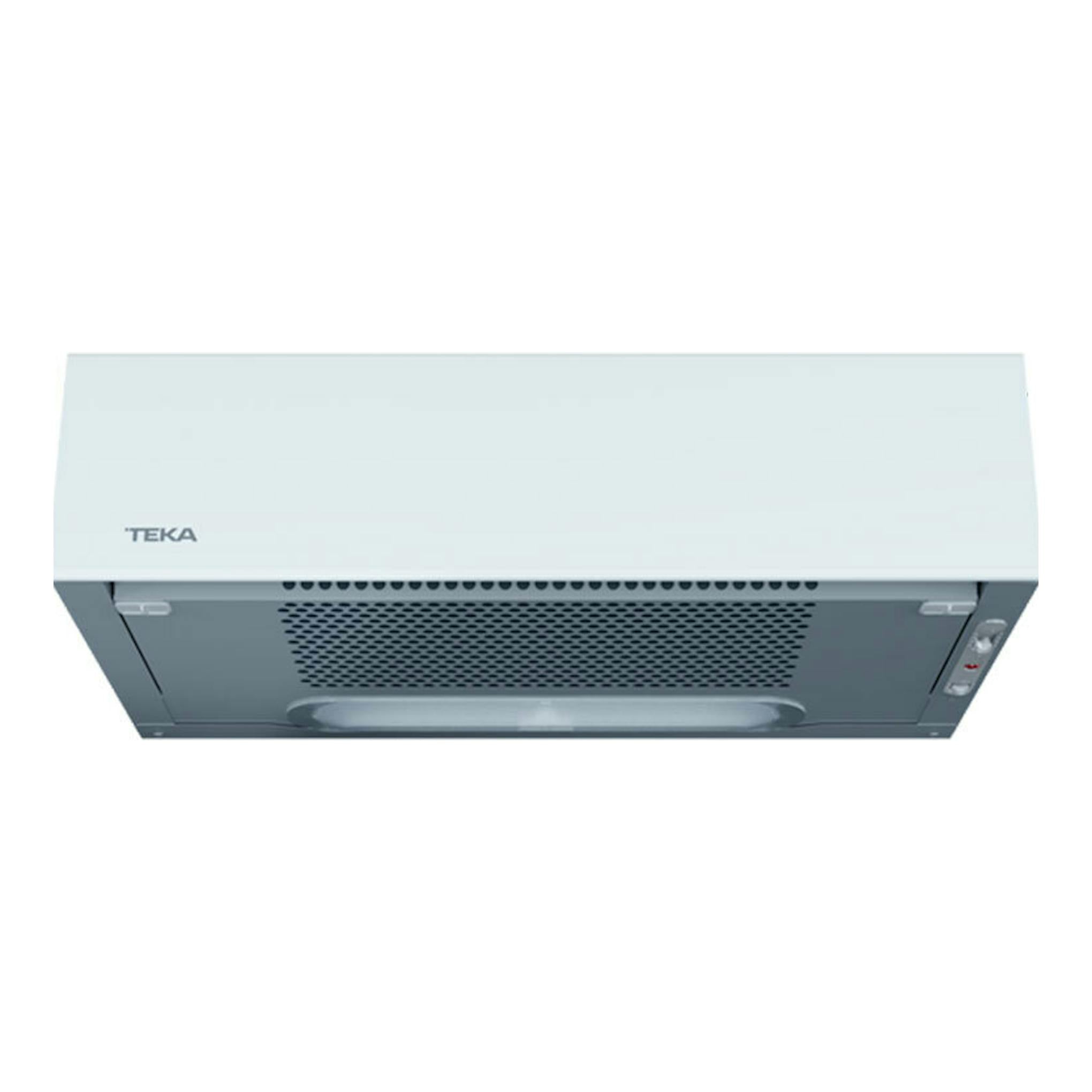 Campana integrable Teka XT262030SOS blanca, vista frontal inferior, con rejilla metálica gris.
