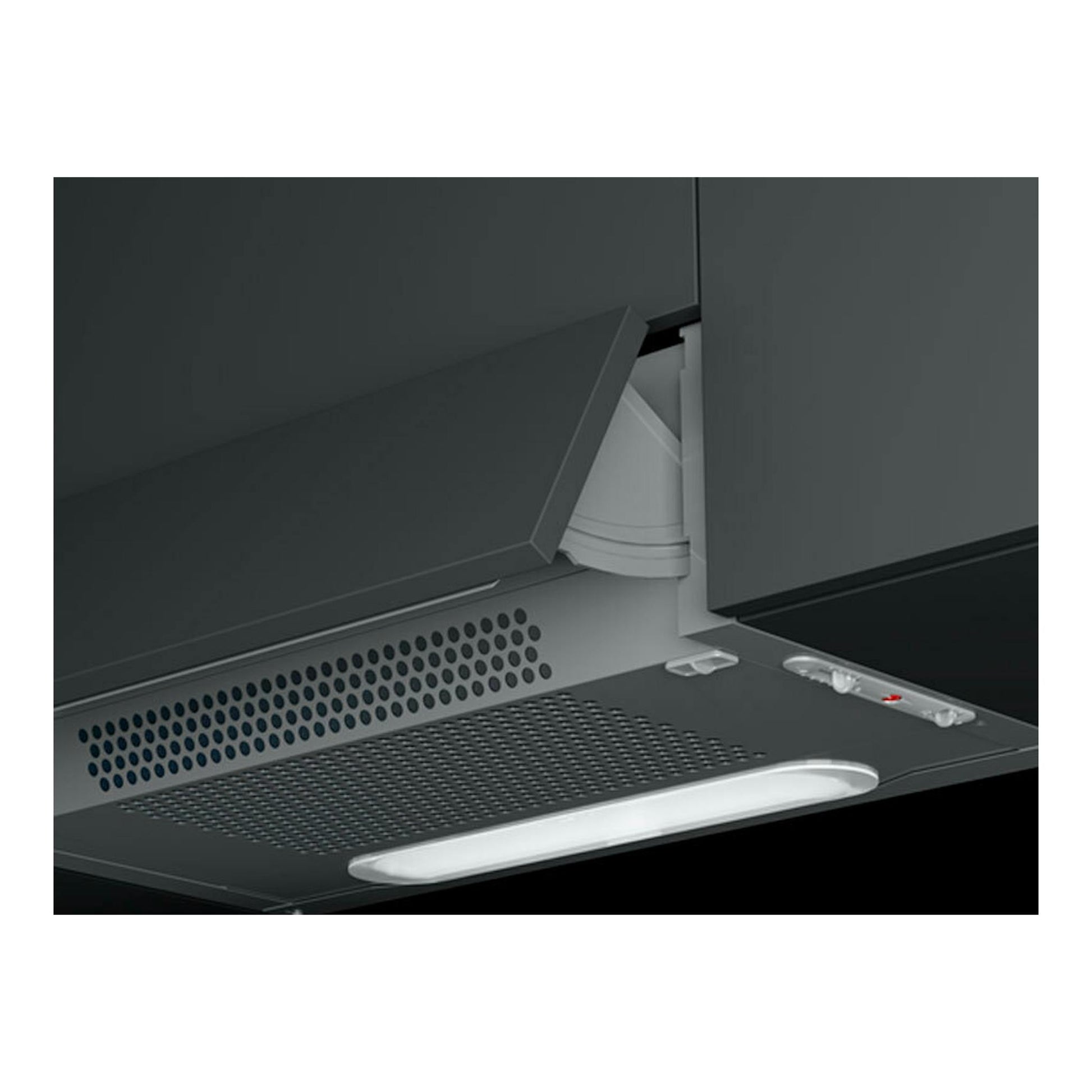 Campana integrable Teka XT262030SOS blanca, vista inferior, con panel abatible y luz LED.