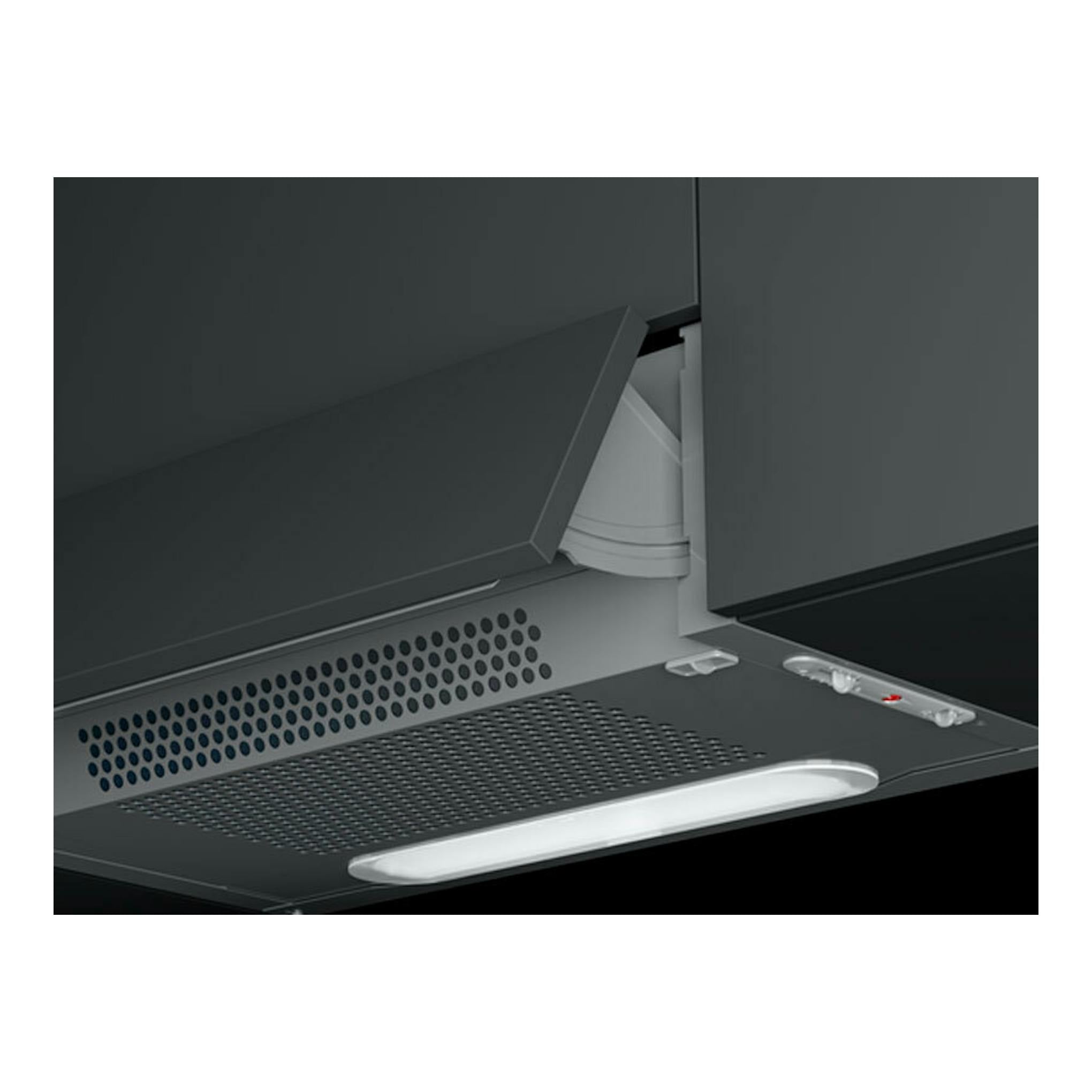 Campana integrable Teka XT262030SOS blanca, vista inferior, con panel abatible y luz LED.