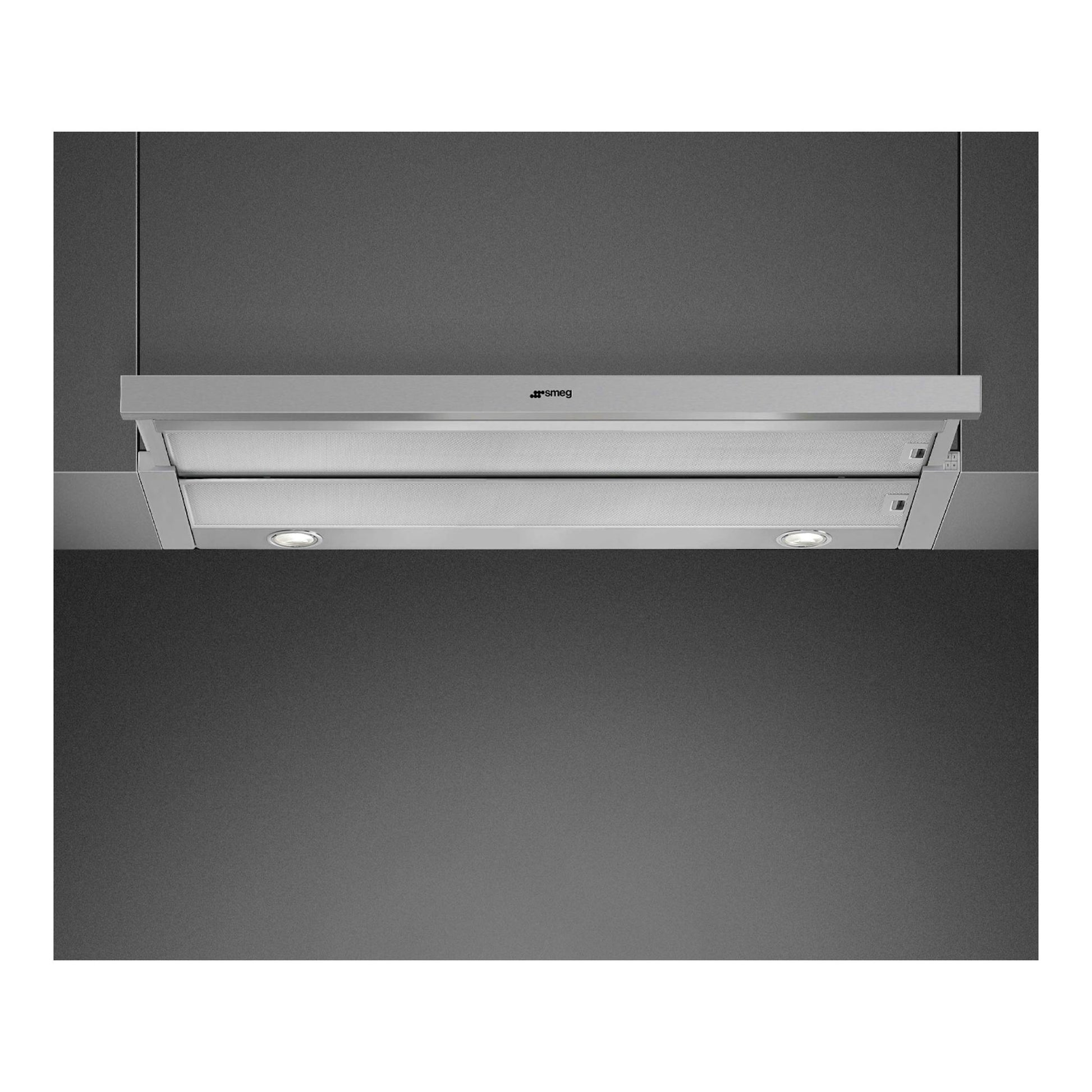 Campana telescópica Smeg KSET900XE de acero inoxidable, vista frontal, bajo mueble.