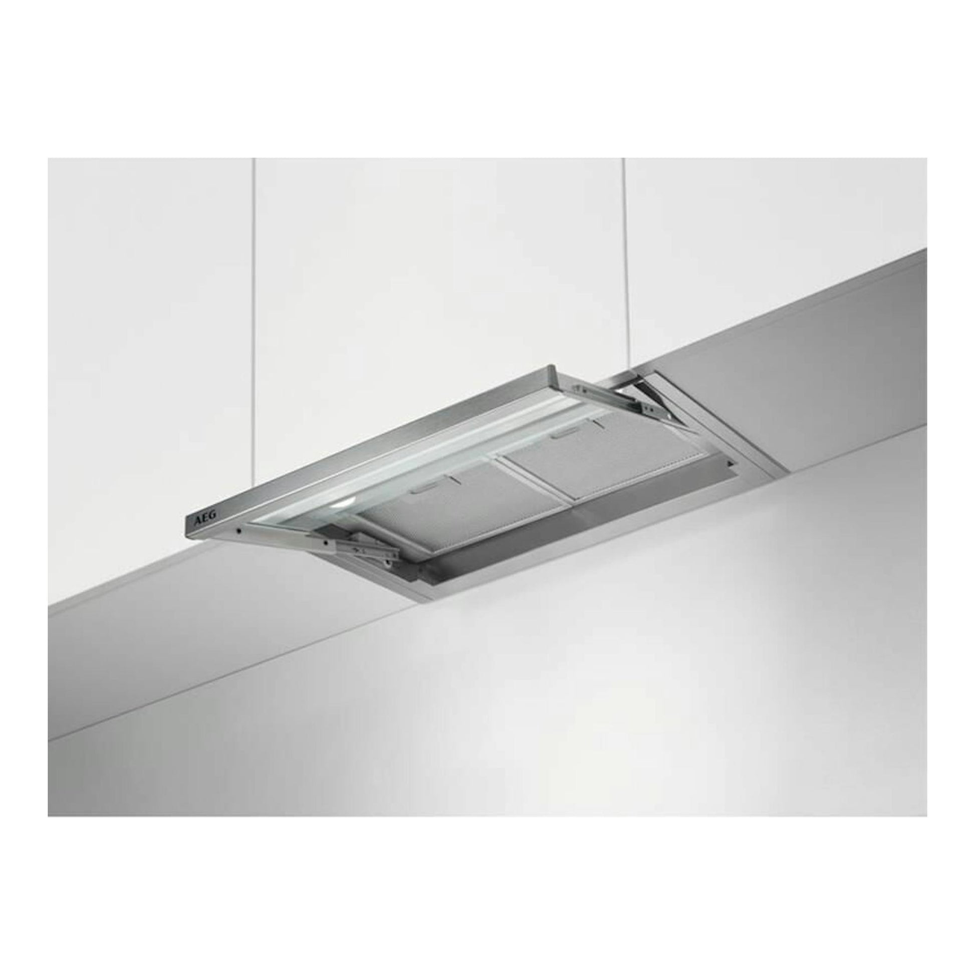 Campana integrada AEG DPE4641M inox, vista inferior, parcialmente extraíble, en acero inoxidable.