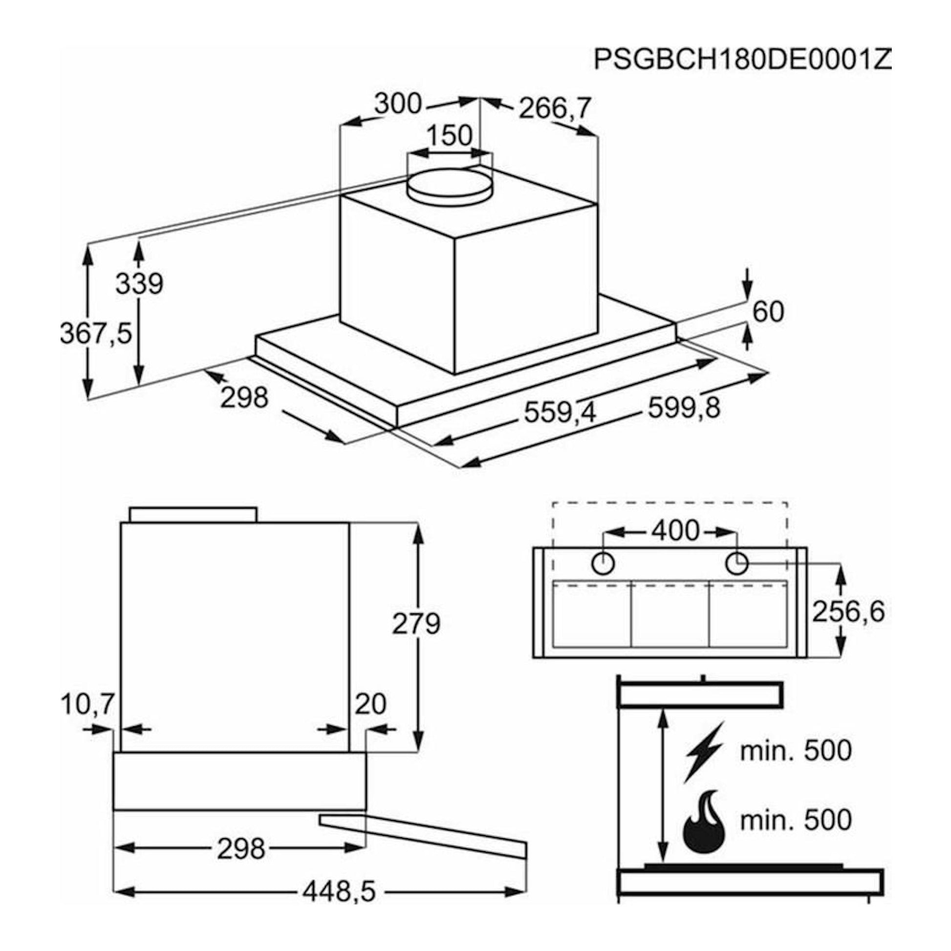 AEG DPE4641M, campana integrada inox, dibujo técnico en vista isométrica y frontal con medidas.