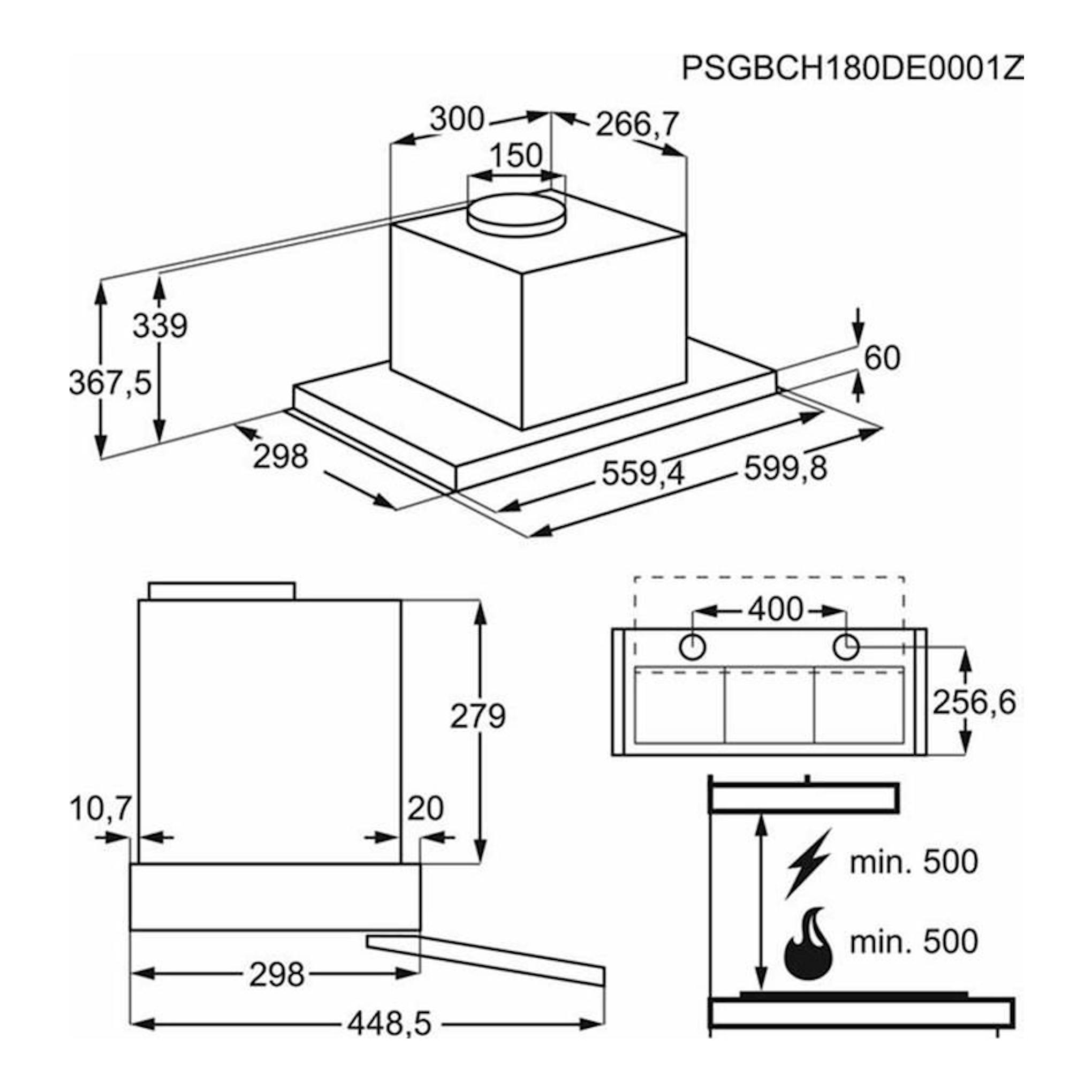 AEG DPE4641M, campana integrada inox, dibujo técnico en vista isométrica y frontal con medidas.