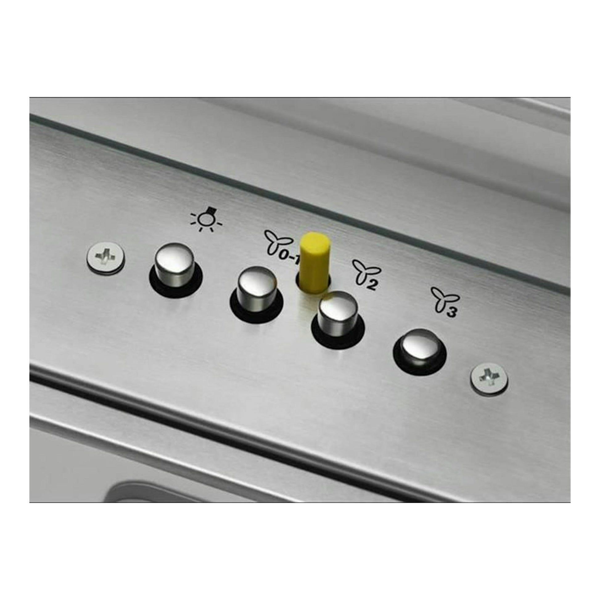 Panel de control en acero inoxidable de campana integrada AEG DPE4641M, detalle con botones y selector amarillo.