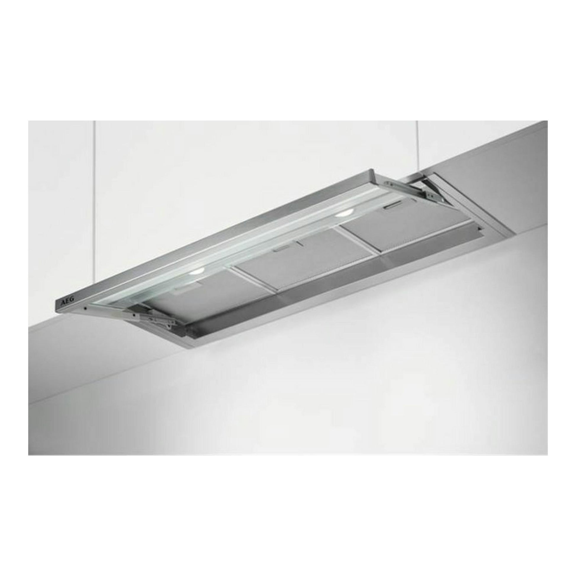 Campana integrada AEG DPE4941M en inox, vista inferior y ligeramente inclinada, montada bajo mueble.