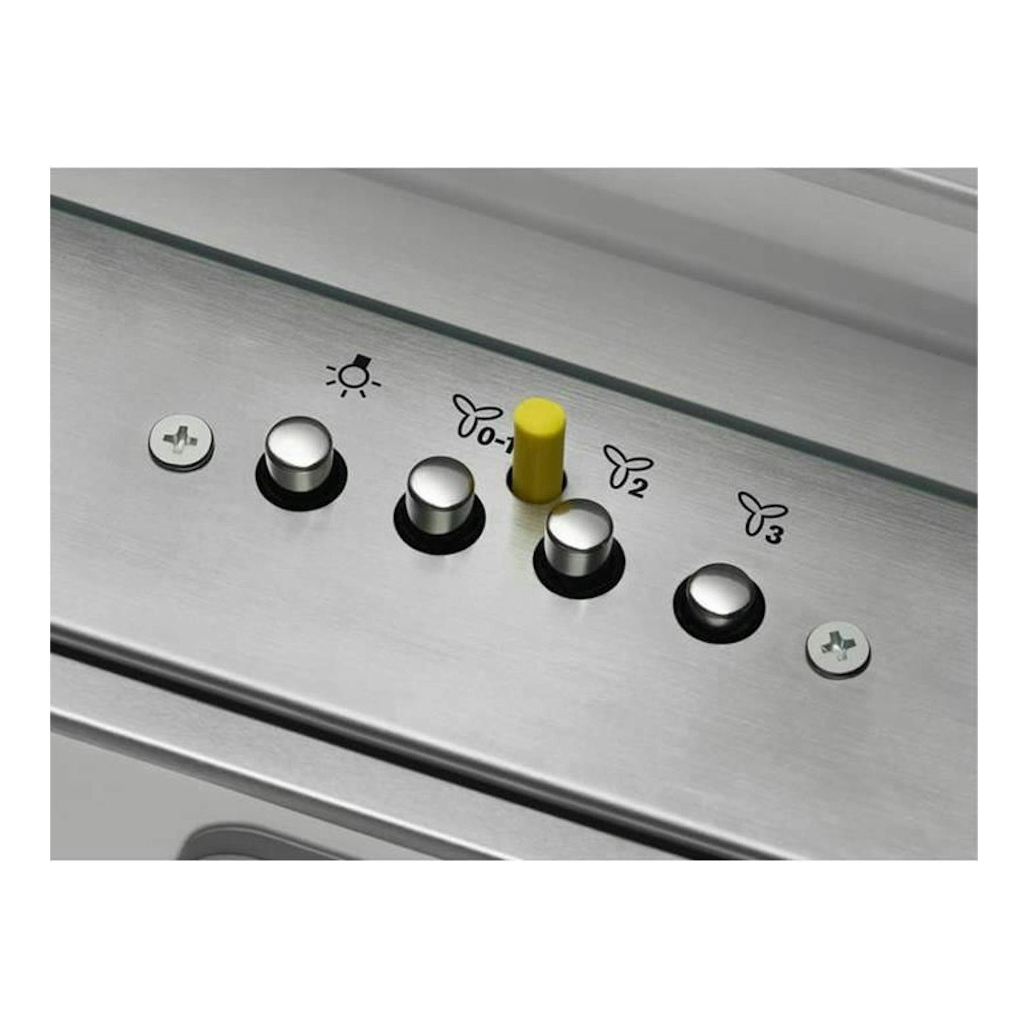 AEG DPE4941M, panel de control en inox de campana integrada, con botones metálicos y selector amarillo.