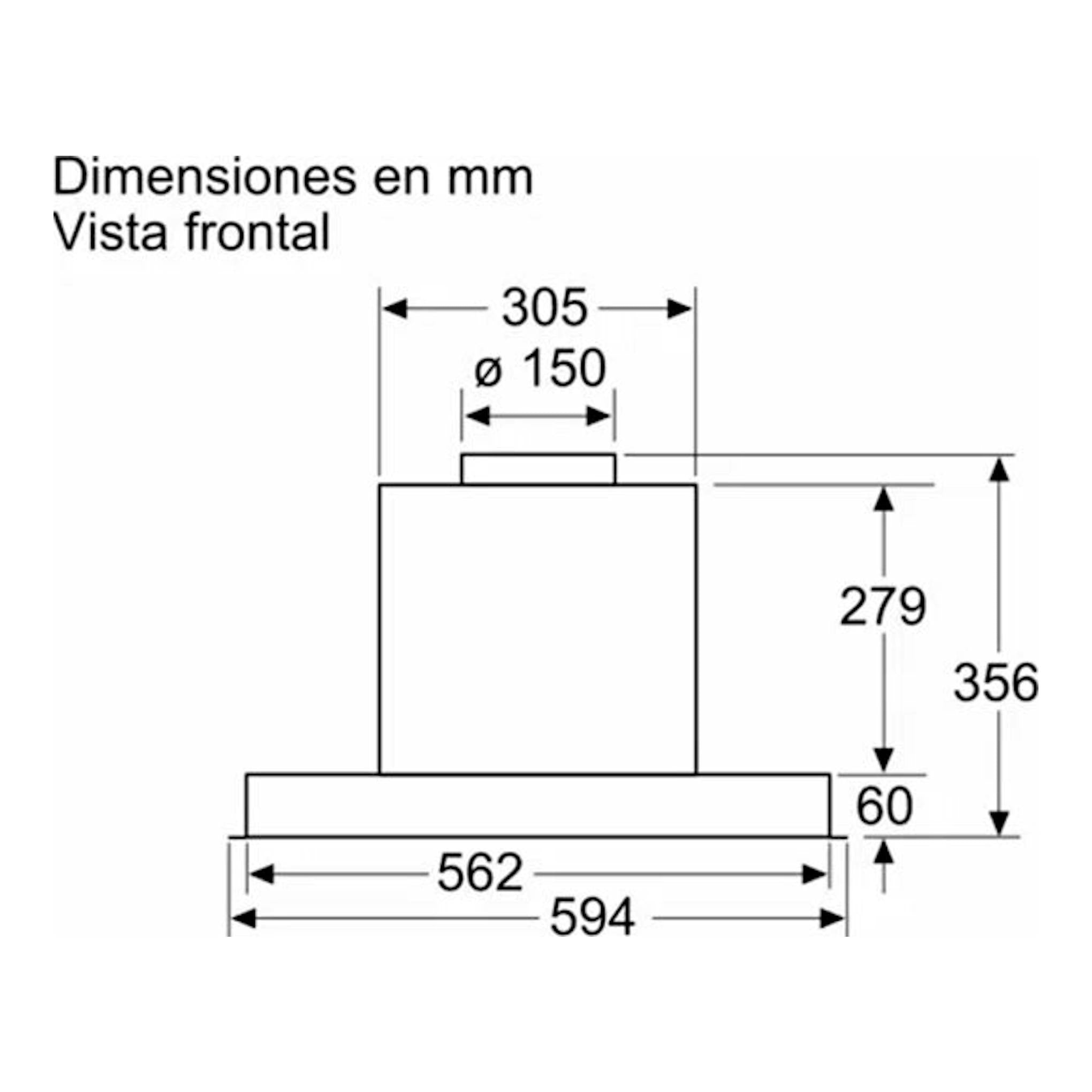 Dibujo técnico frontal de la campana integrada Balay 3BD866MN, con medidas en mm.