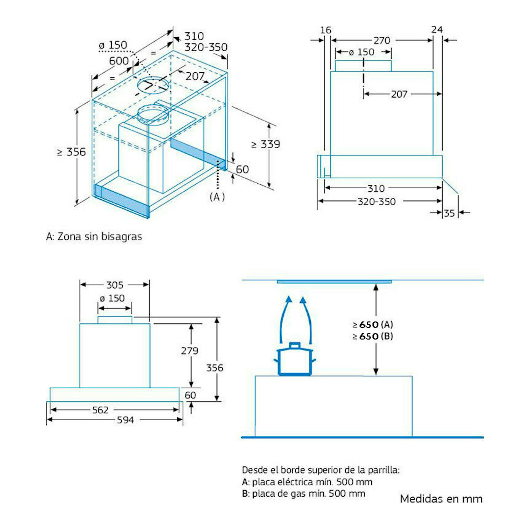 Balay 3BD866MX Inox: esquema técnico de instalación con vistas frontal, lateral y superior; medidas en mm.