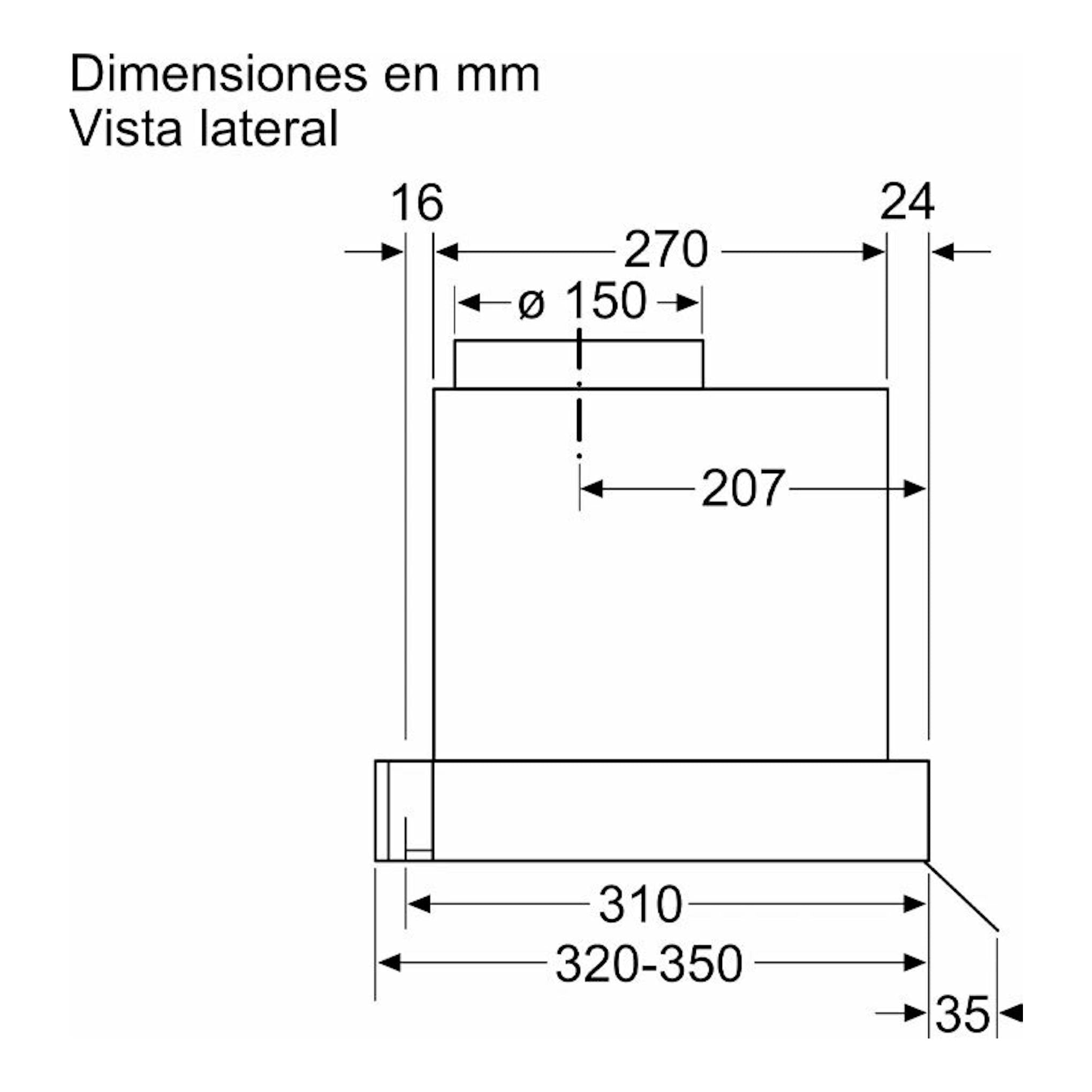Vista lateral en esquema técnico de la campana integrada Balay 3BD896MN negra, con dimensiones en mm.
