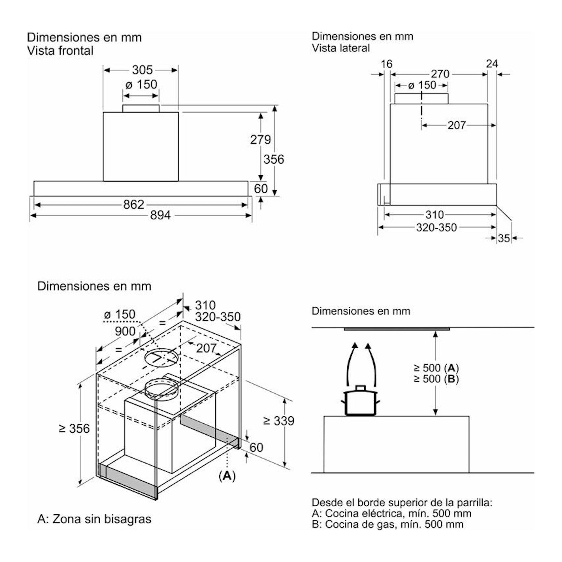 Esquema técnico de campana integrada Balay 3BD896MX inox, con vistas frontal, lateral y superior y medidas.