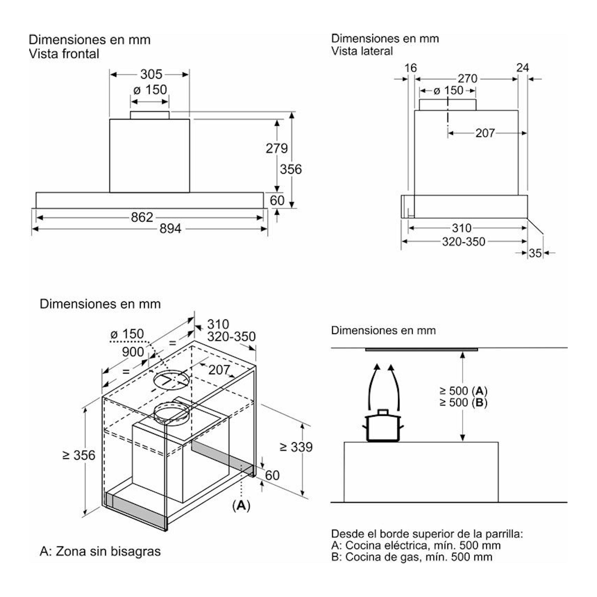 Esquema técnico de campana integrada Balay 3BD896MX inox, con vistas frontal, lateral y superior y medidas.