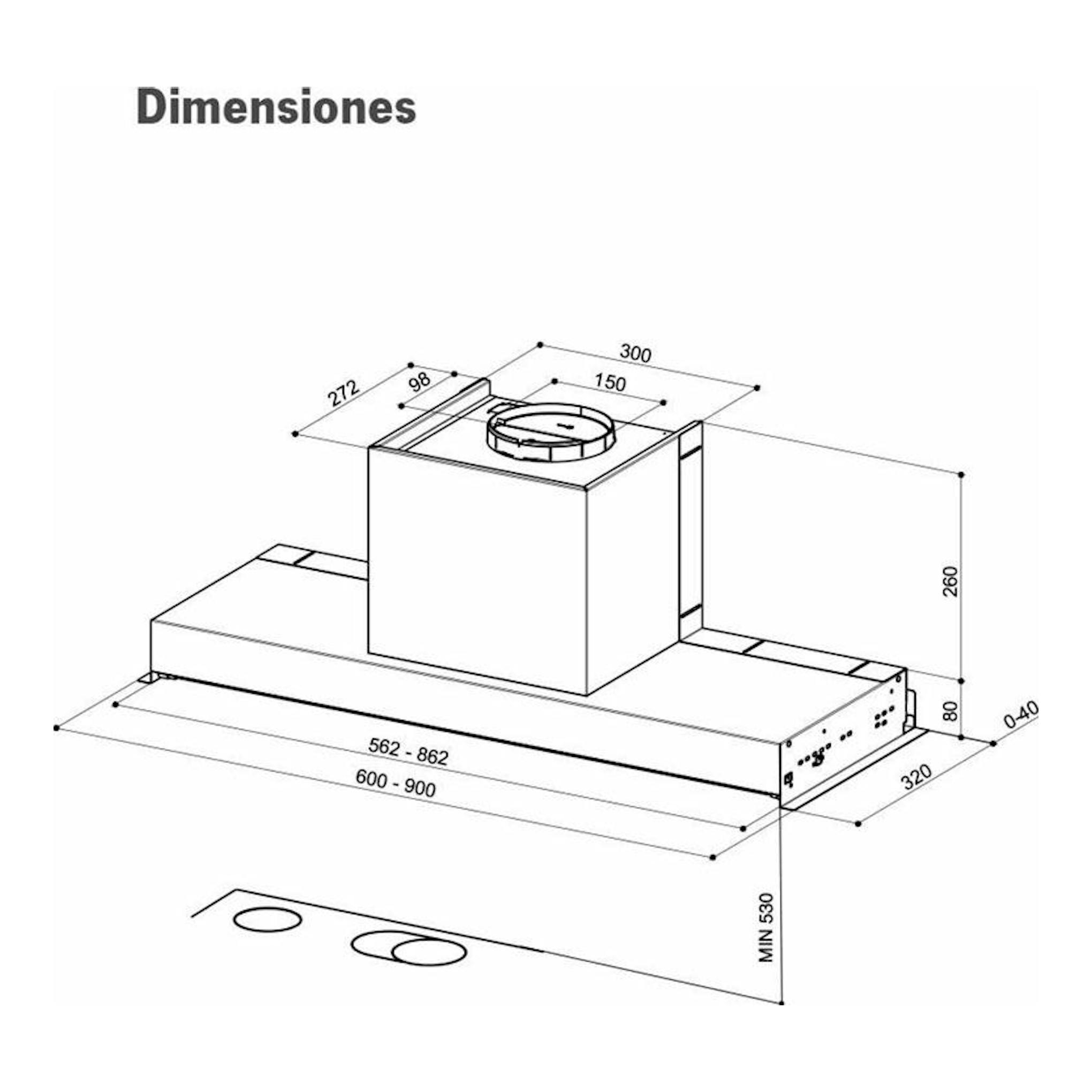 Esquema técnico en blanco y negro de la campana integrada Mepamsa Discret 60X Inox, vista isométrica con medidas.