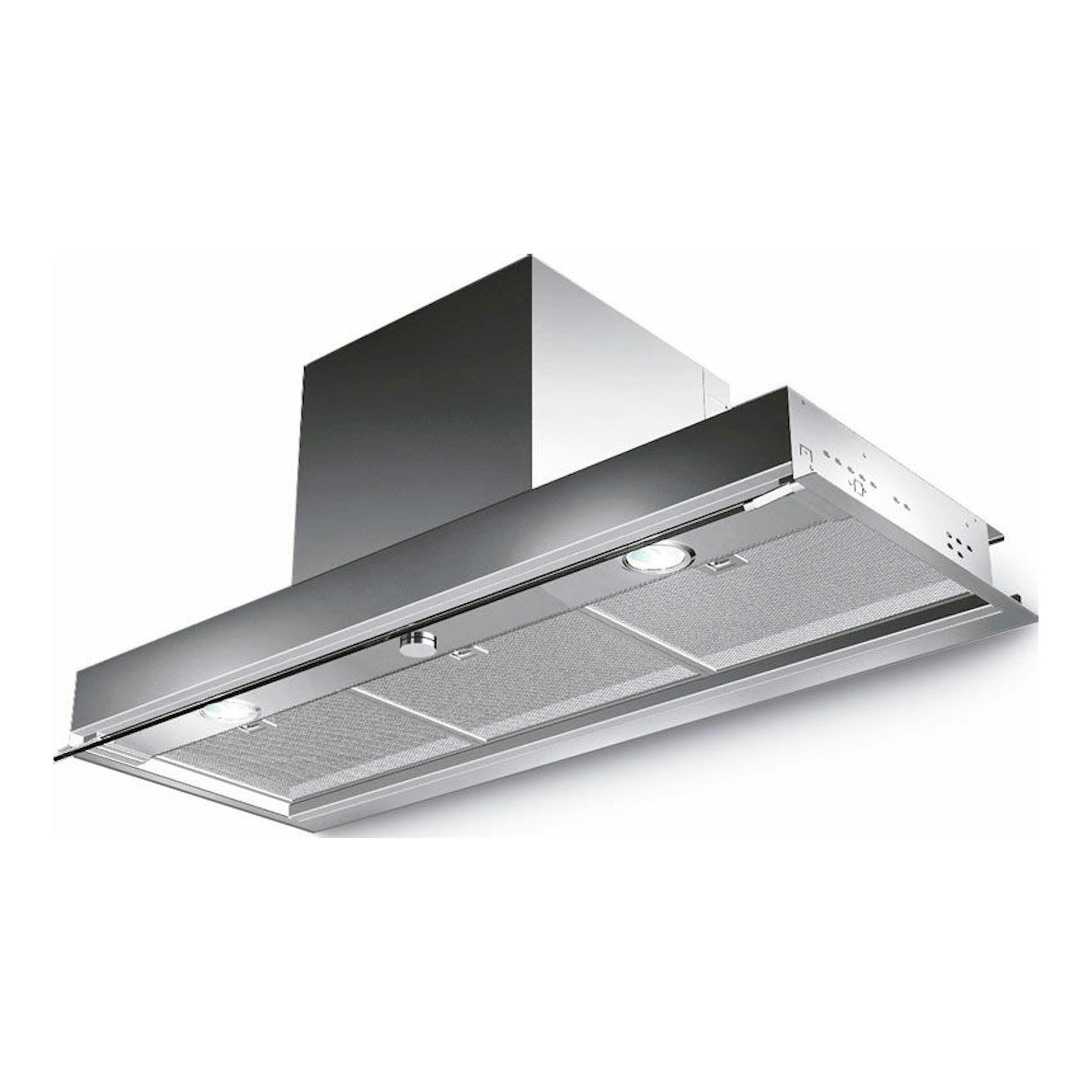 Campana integrada Mepamsa Discret 90X inox, vista inferior en ángulo, con filtros metálicos y luces.