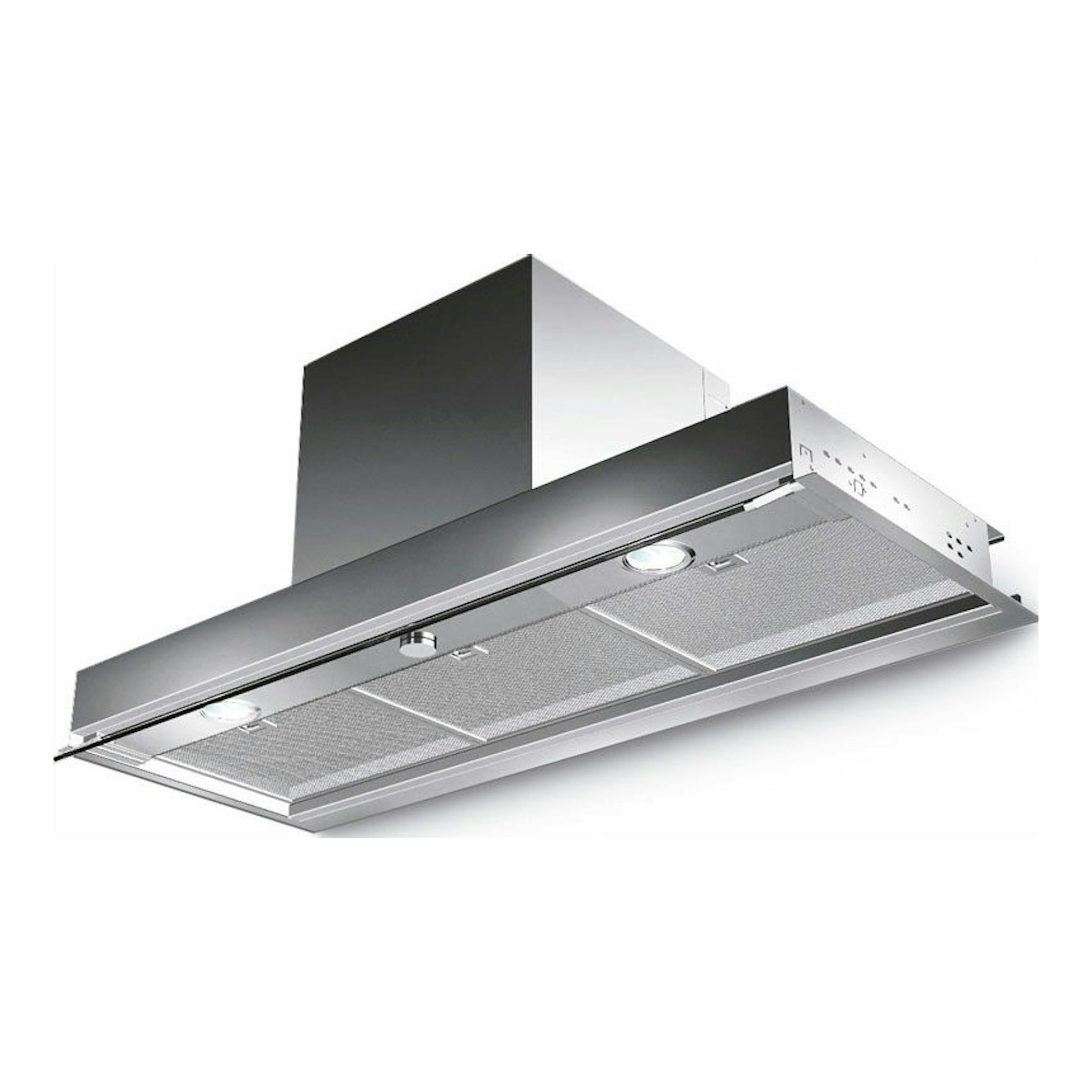 Campana integrada Mepamsa Discret 90X inox, vista inferior en ángulo, con filtros metálicos y luces.