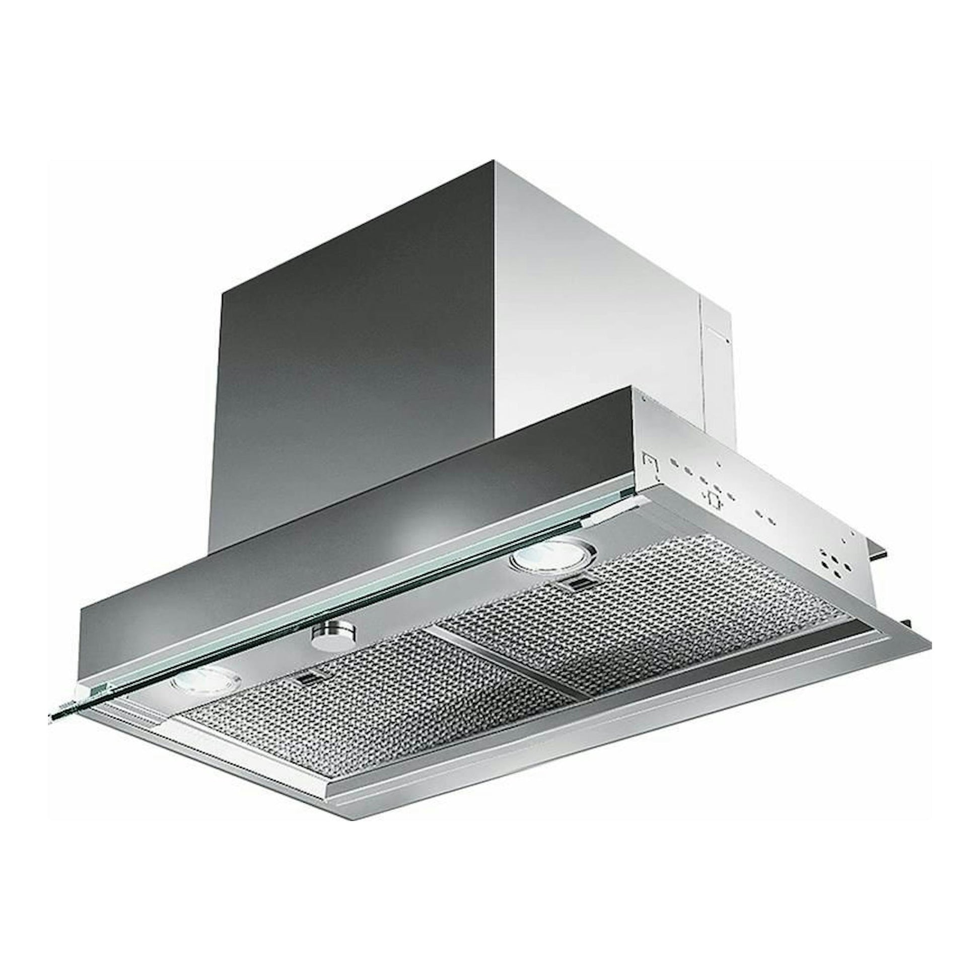 Campana integrada Mepamsa Secret 60 Inox, vista inferior en ángulo, acero inoxidable.